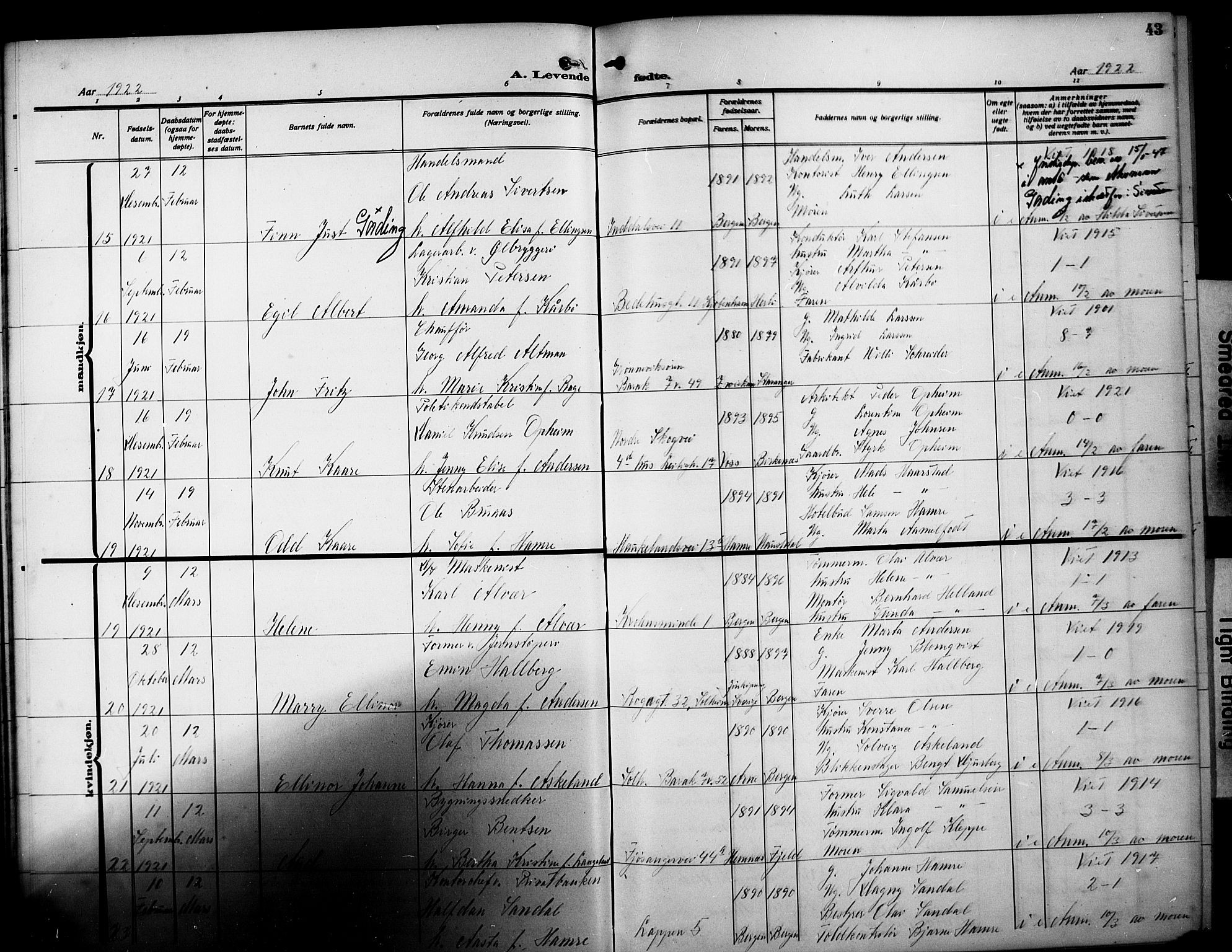 Årstad Sokneprestembete, AV/SAB-A-79301/H/Hab/L0004: Parish register (copy) no. A 4, 1921-1924, p. 43