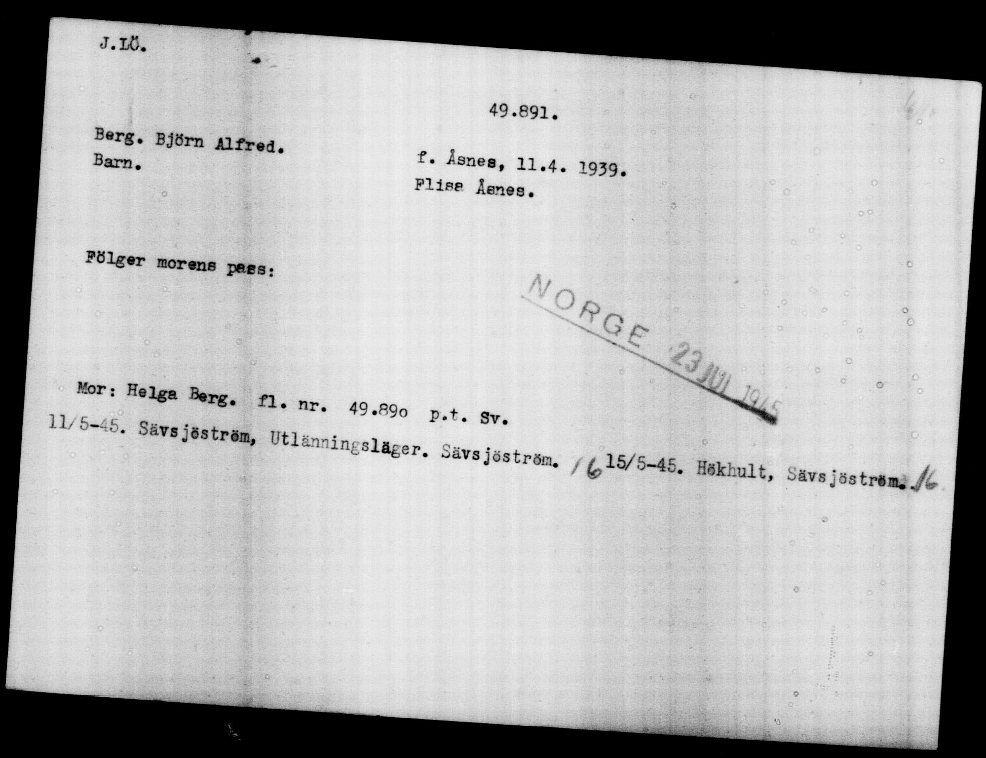 Utenriksstasjonene, Legasjonen i Stockholm, Flyktningkontoret, AV/RA-S-6753/V/Va/L0019: Kjesäterkartoteket, flyktninger med registreringsnr. 49600-55060, 1940-1945, p. 312