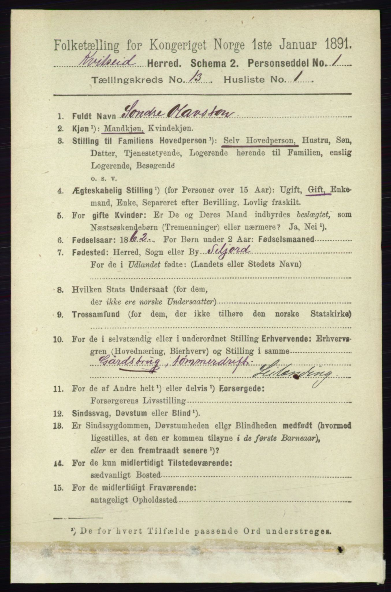 RA, 1891 census for 0829 Kviteseid, 1891, p. 3082