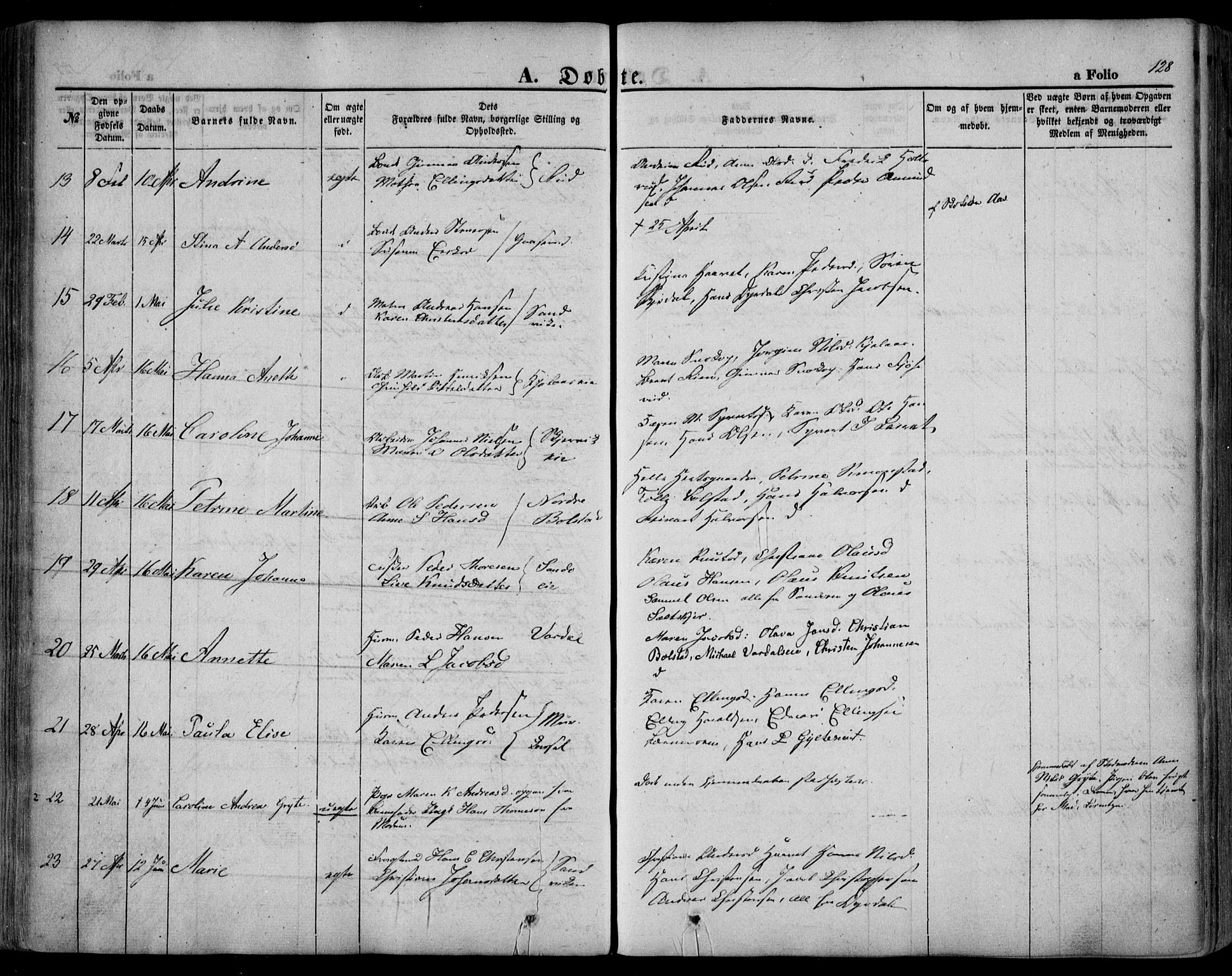 Sande Kirkebøker, SAKO/A-53/F/Fa/L0004: Parish register (official) no. 4, 1847-1864, p. 128