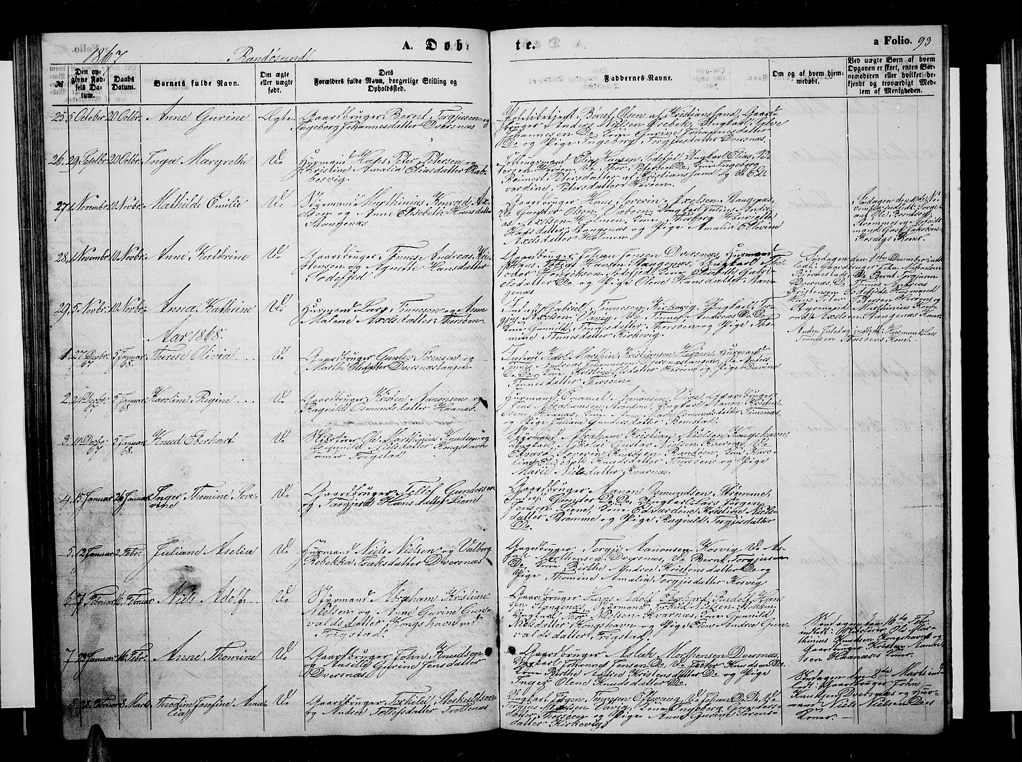 Oddernes sokneprestkontor, SAK/1111-0033/F/Fb/Fba/L0006: Parish register (copy) no. B 6 /2, 1865-1869, p. 93