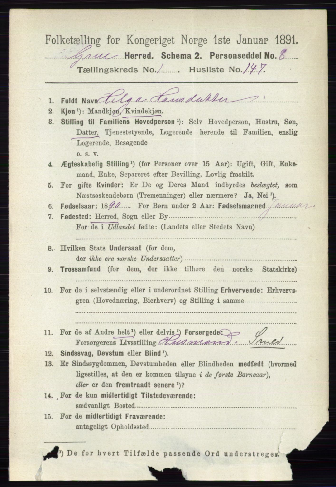 RA, 1891 census for 0423 Grue, 1891, p. 1002