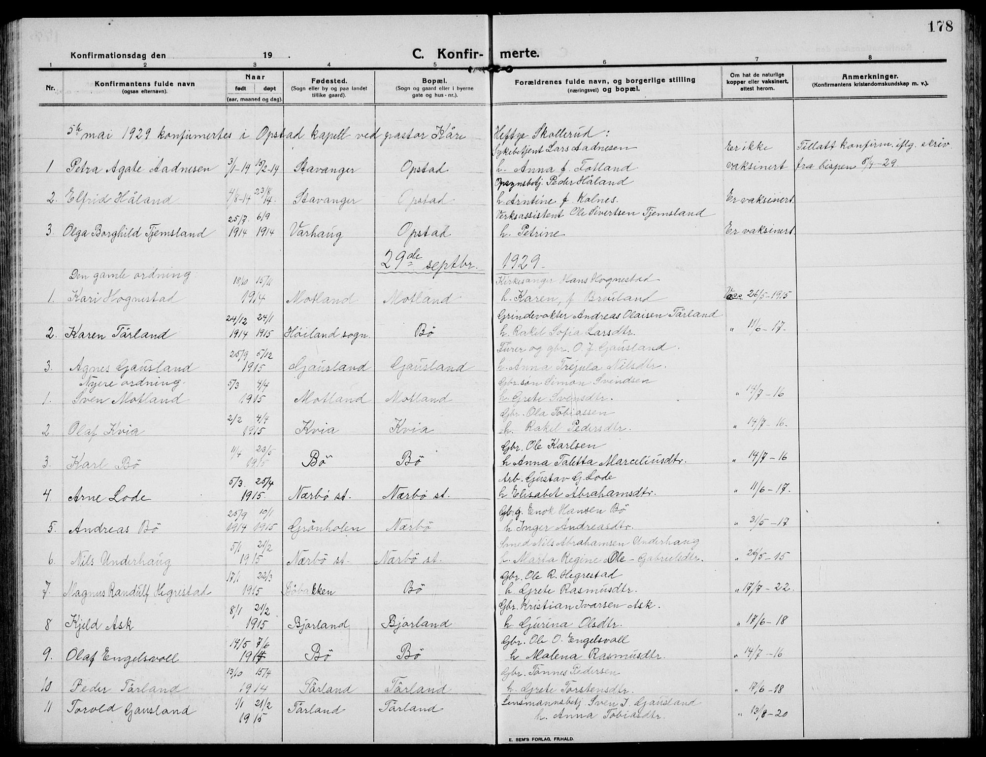 Hå sokneprestkontor, SAST/A-101801/001/30BB/L0007: Parish register (copy) no. B 7, 1912-1939, p. 178