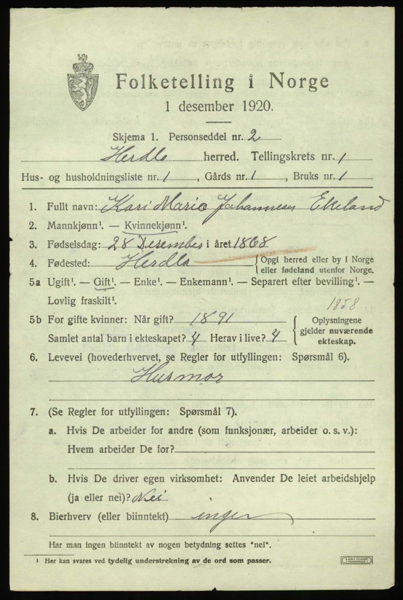 SAB, 1920 census for Herdla, 1920, p. 1359