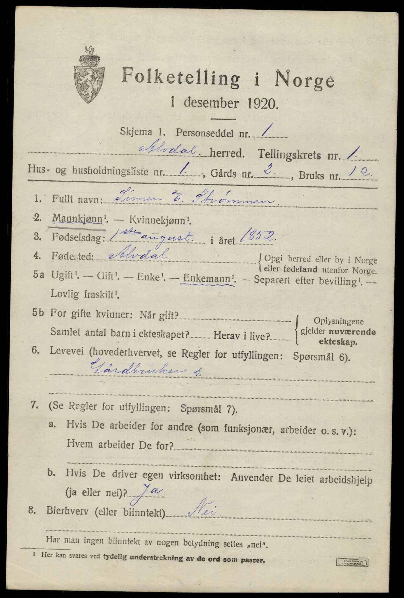 SAH, 1920 census for Alvdal, 1920, p. 894