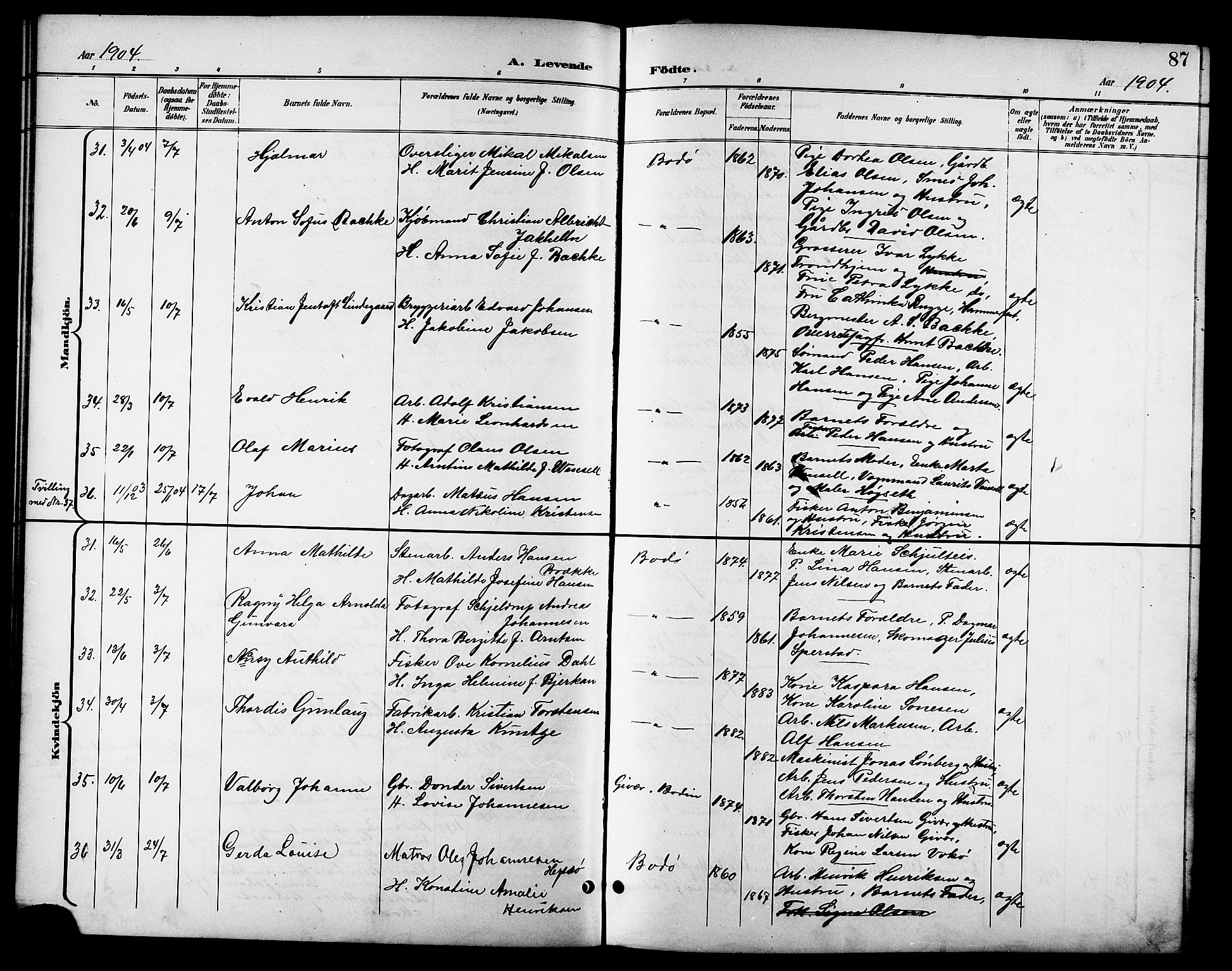 Ministerialprotokoller, klokkerbøker og fødselsregistre - Nordland, AV/SAT-A-1459/801/L0033: Parish register (copy) no. 801C08, 1898-1910, p. 87