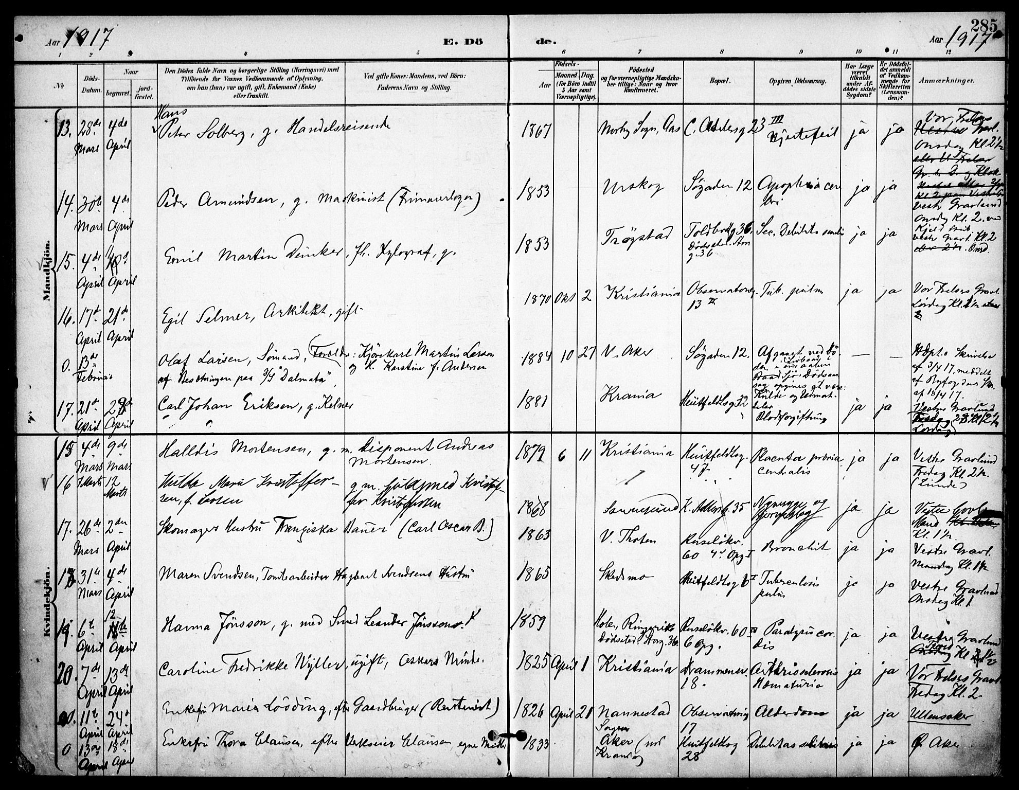 Johannes prestekontor Kirkebøker, AV/SAO-A-10852/F/Fa/L0008: Parish register (official) no. 8, 1897-1917, p. 285
