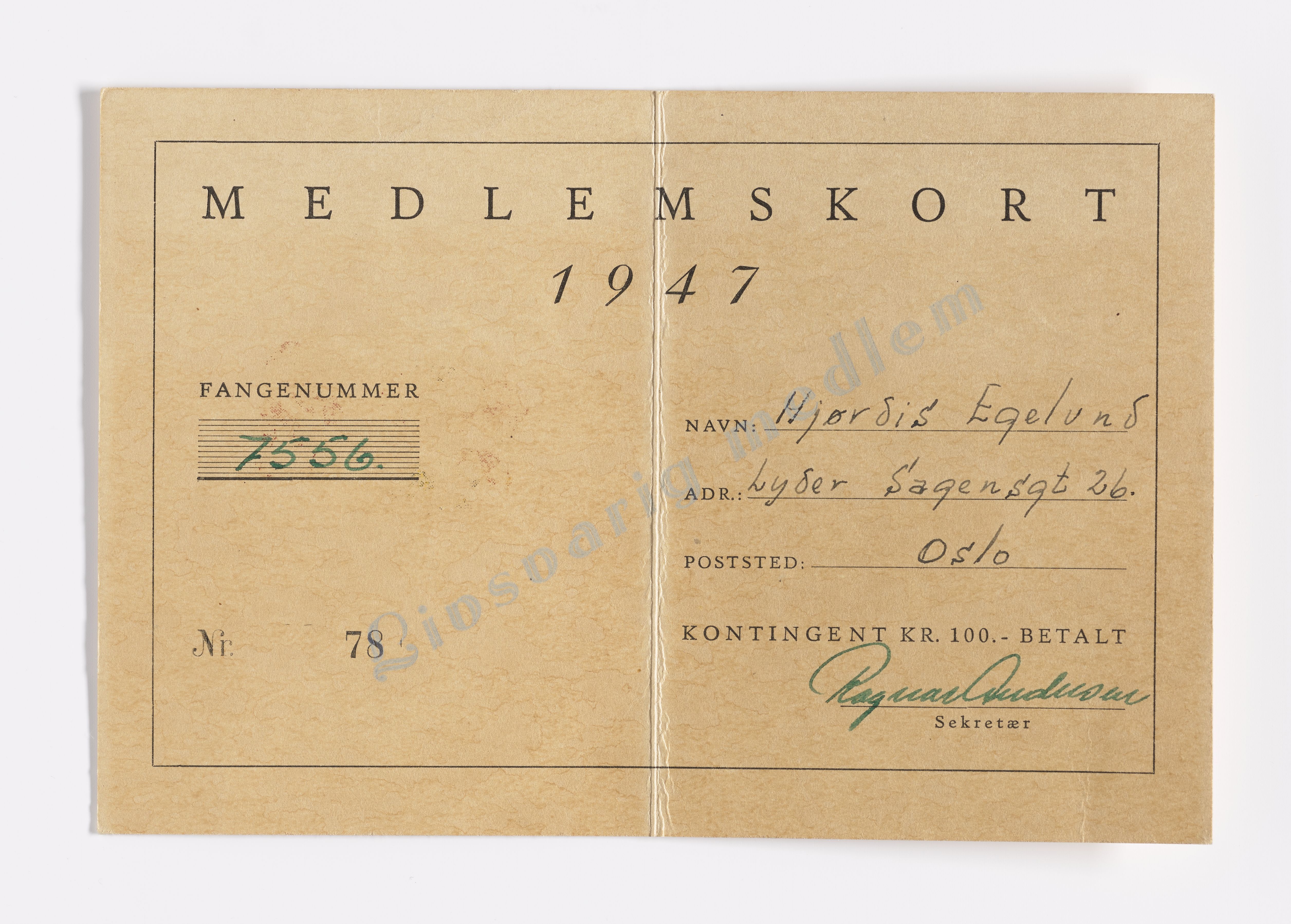 Hjørdis Helene Egelund, AFM/GRI-1003/D/Da/L0001/0008: Brev og dokumenter / Medlemskort, 1947