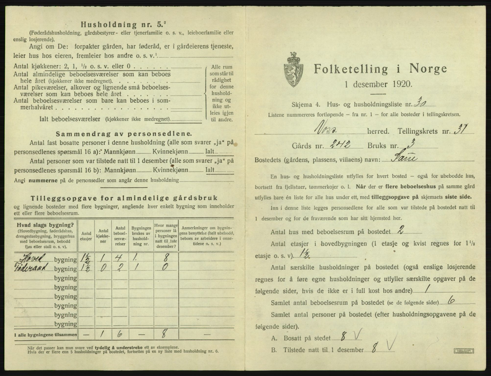 SAB, 1920 census for Voss, 1920, p. 2745