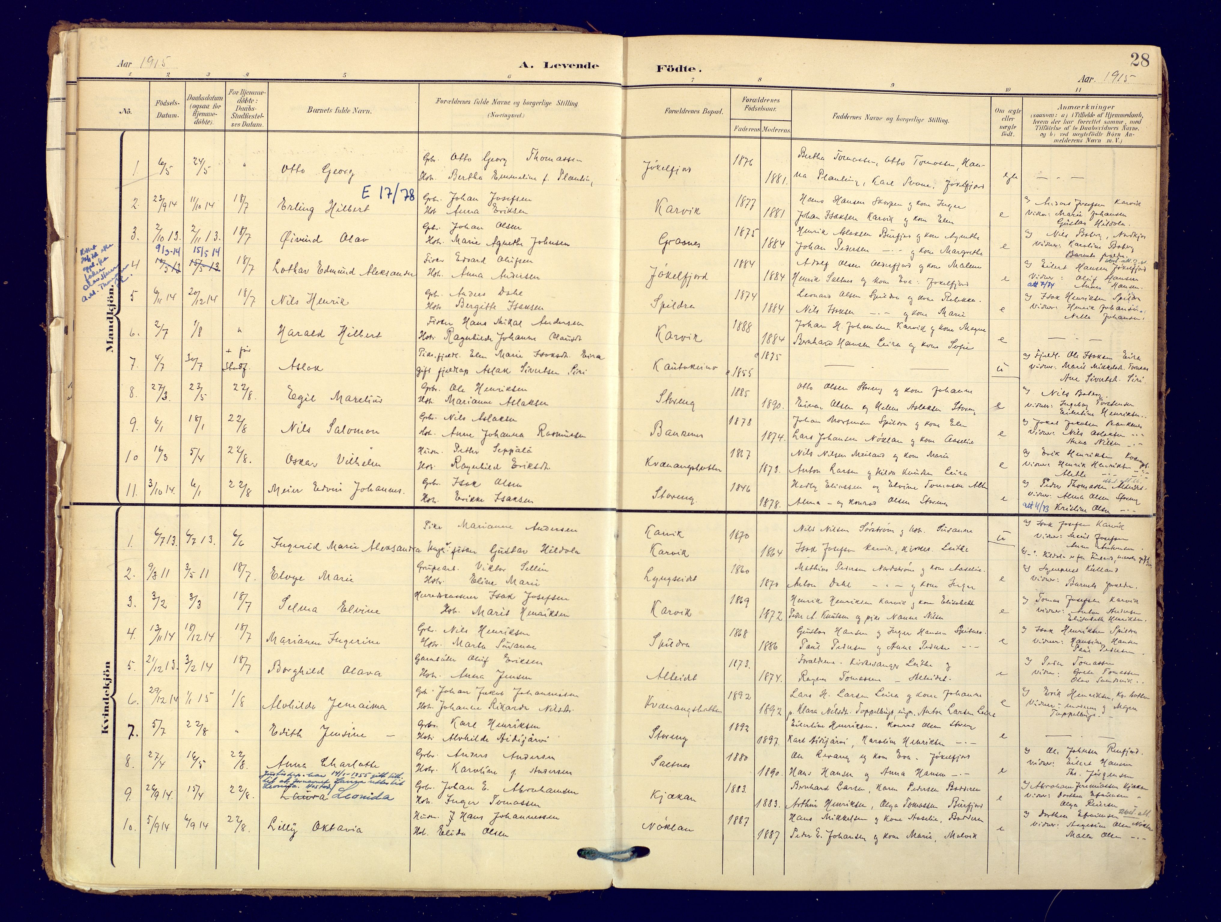 Skjervøy sokneprestkontor, AV/SATØ-S-1300/H/Ha/Haa: Parish register (official) no. 19, 1908-1936, p. 28