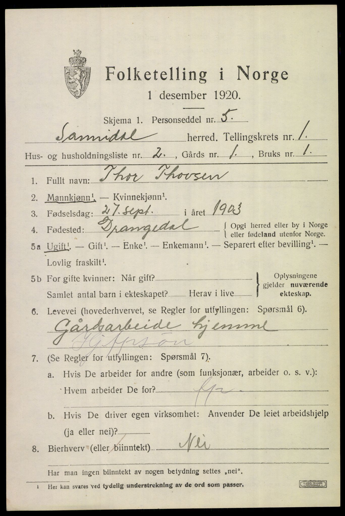 SAKO, 1920 census for Sannidal, 1920, p. 1049