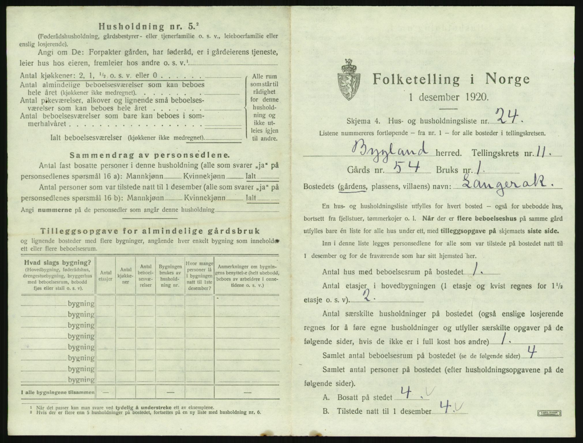 SAK, 1920 census for Bygland, 1920, p. 705