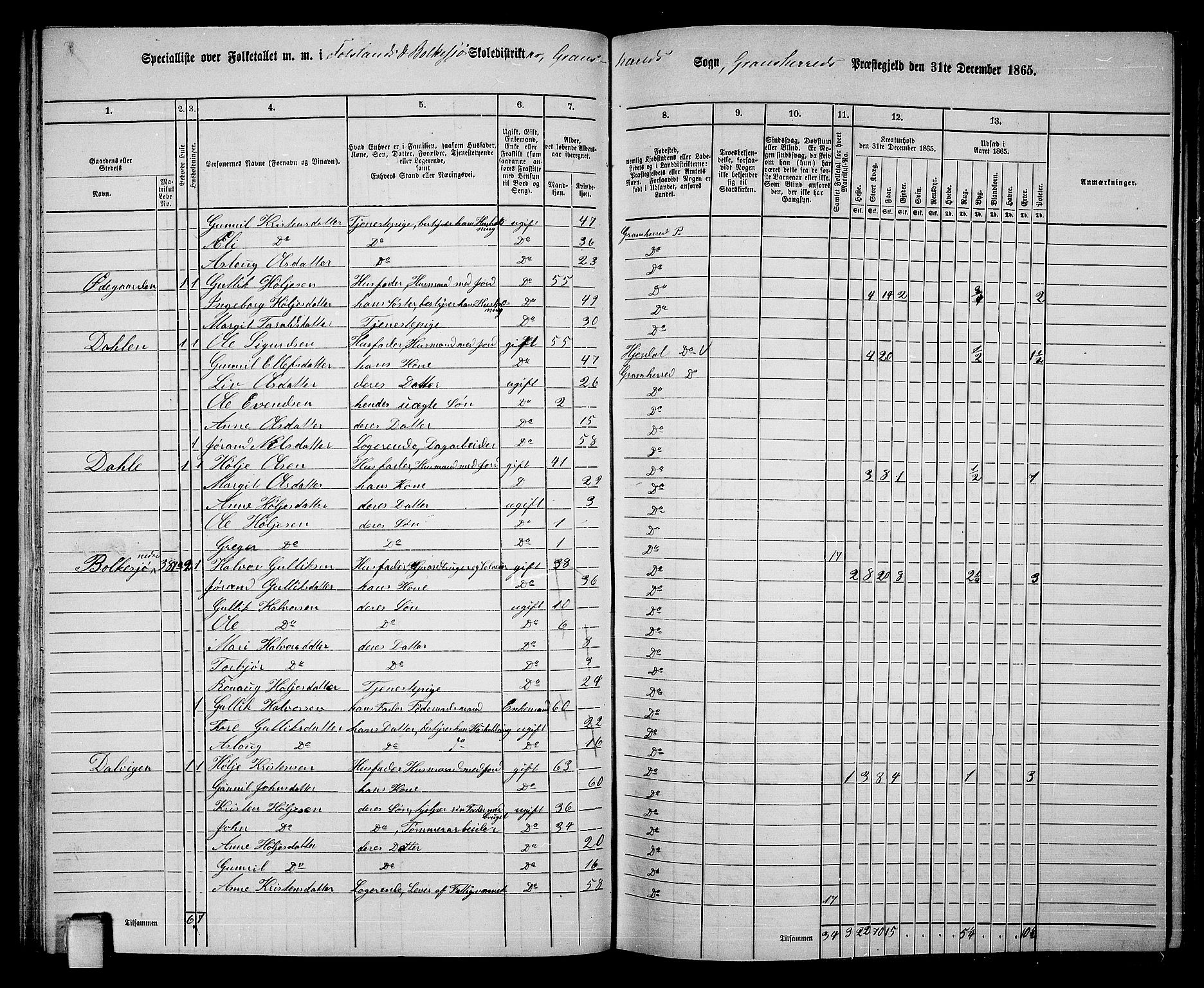 RA, 1865 census for Gransherad, 1865, p. 54