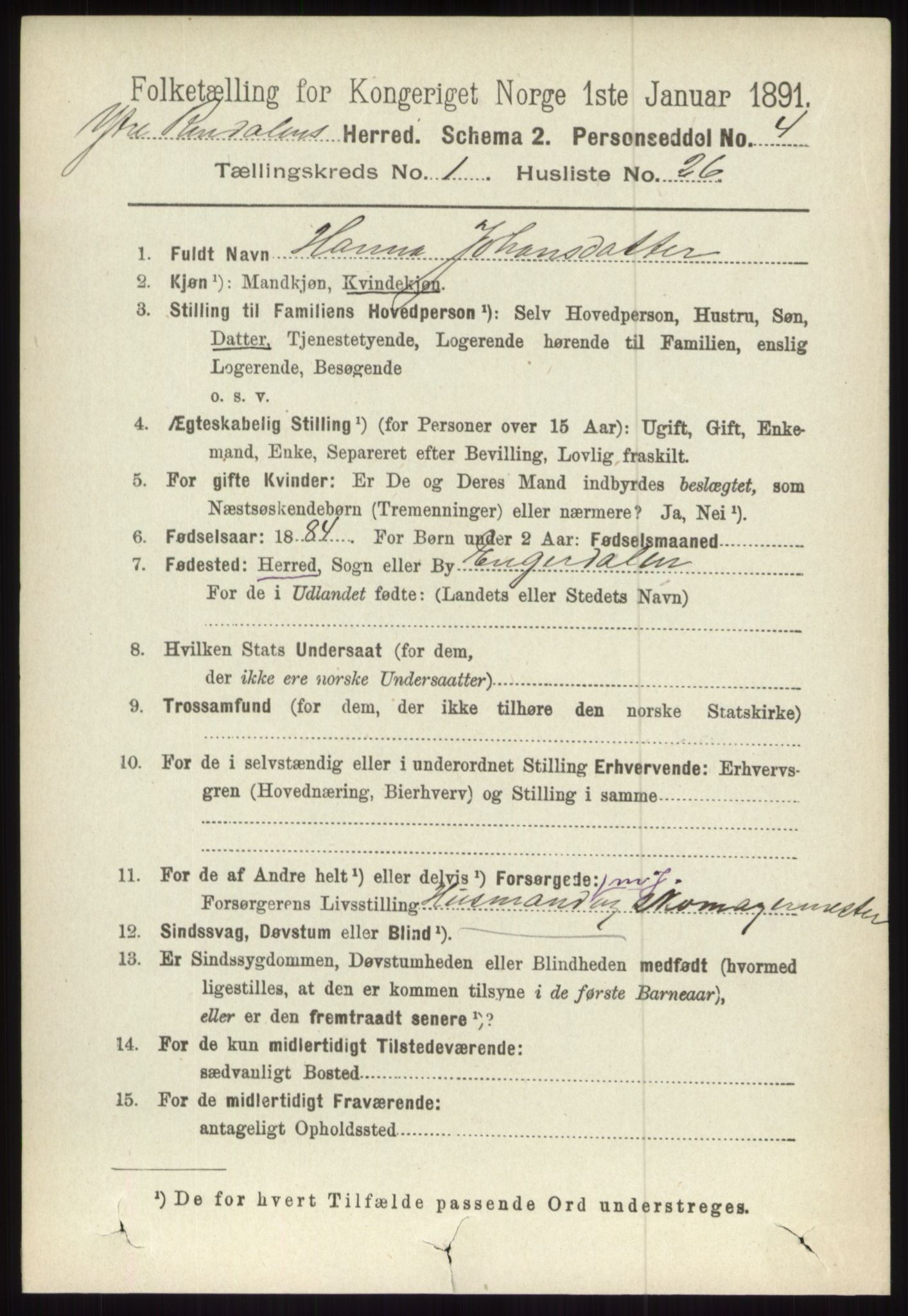 RA, 1891 census for 0432 Ytre Rendal, 1891, p. 262