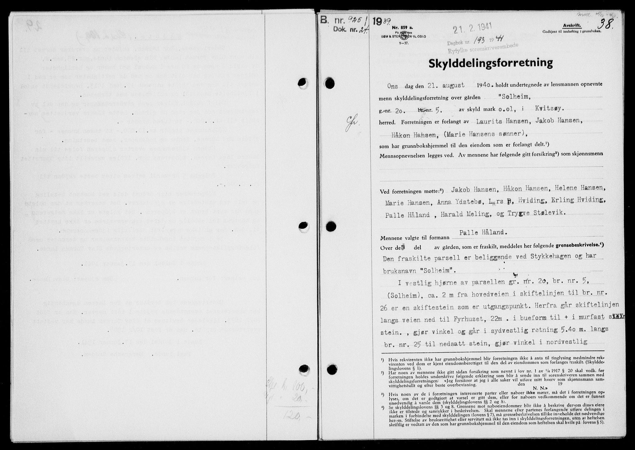 Ryfylke tingrett, SAST/A-100055/001/II/IIB/L0085: Mortgage book no. 64, 1941-1941, Diary no: : 193/1941