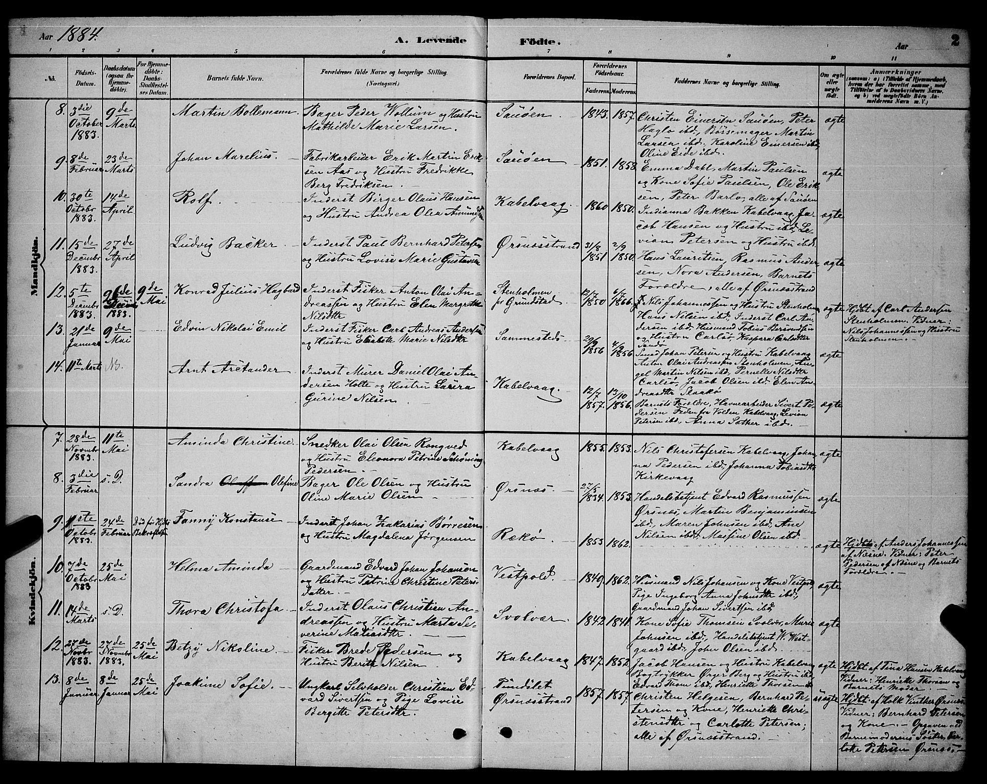 Ministerialprotokoller, klokkerbøker og fødselsregistre - Nordland, AV/SAT-A-1459/874/L1076: Parish register (copy) no. 874C05, 1884-1890, p. 2