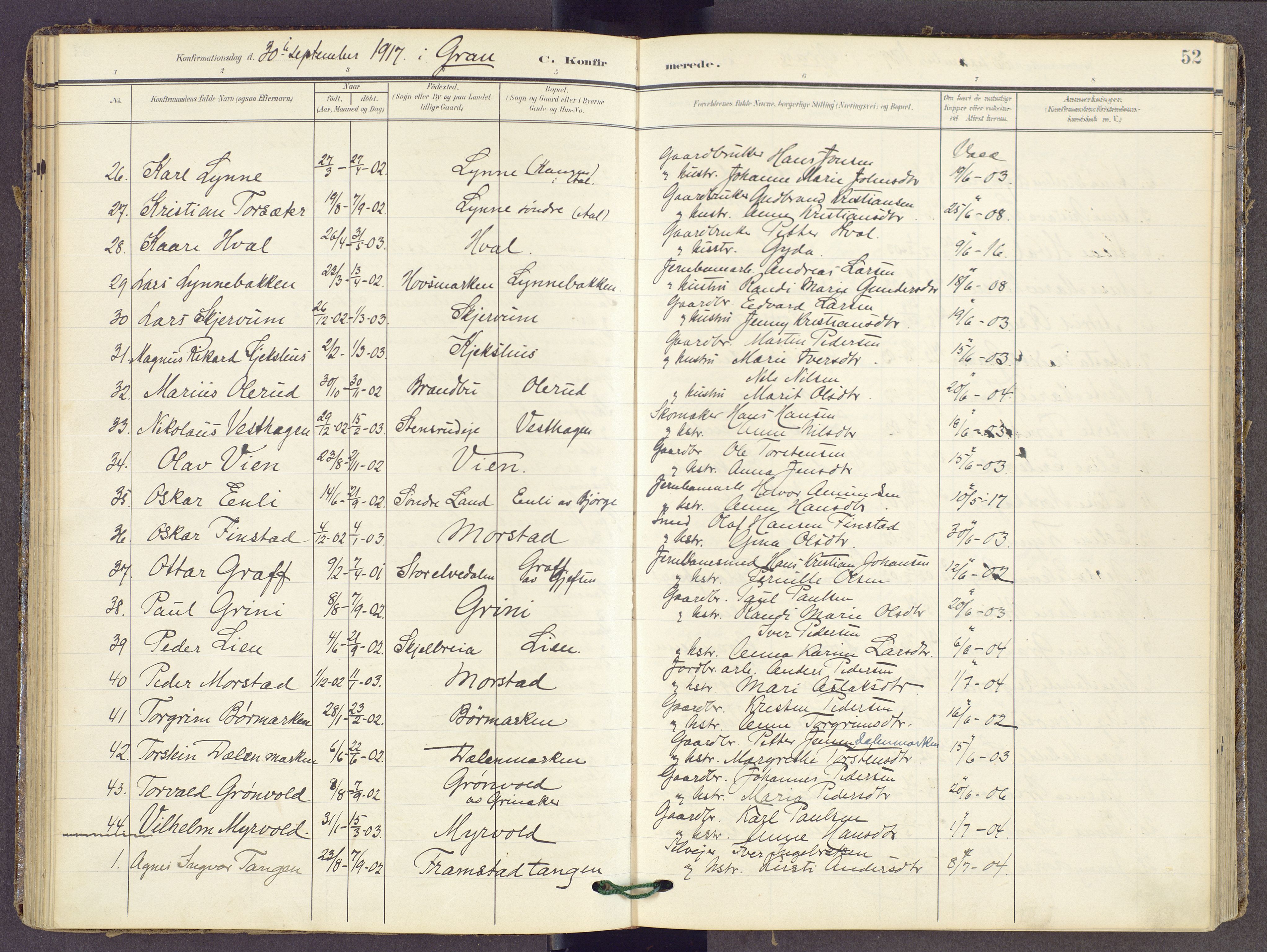 Gran prestekontor, AV/SAH-PREST-112/H/Ha/Haa/L0022: Parish register (official) no. 22, 1908-1918, p. 52