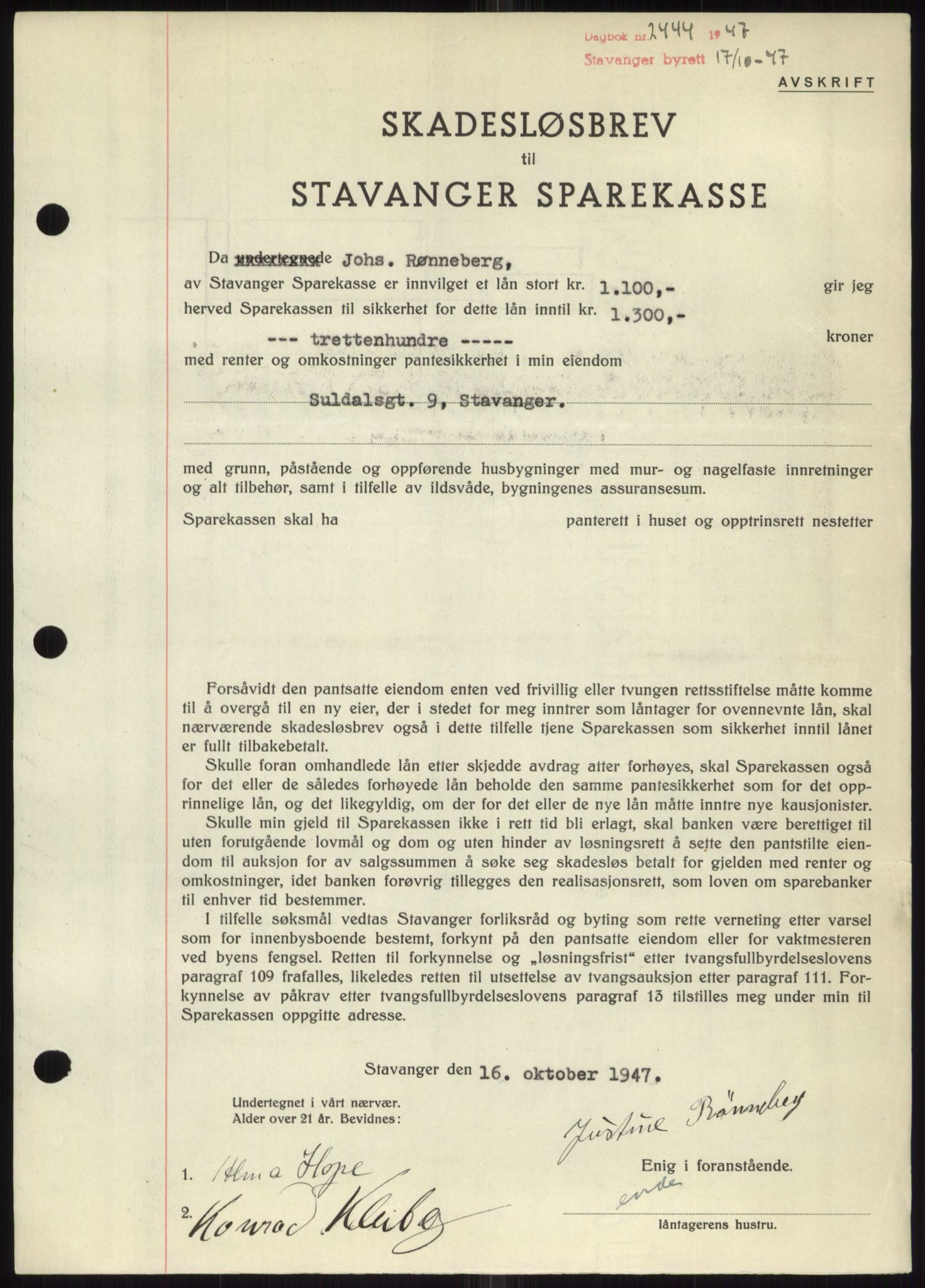 Stavanger byrett, SAST/A-100455/002/G/Gb/L0032: Mortgage book, 1947-1950, Diary no: : 2444/1947