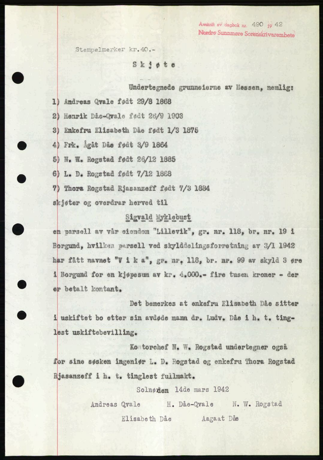 Nordre Sunnmøre sorenskriveri, AV/SAT-A-0006/1/2/2C/2Ca: Mortgage book no. A13, 1942-1942, Diary no: : 490/1942