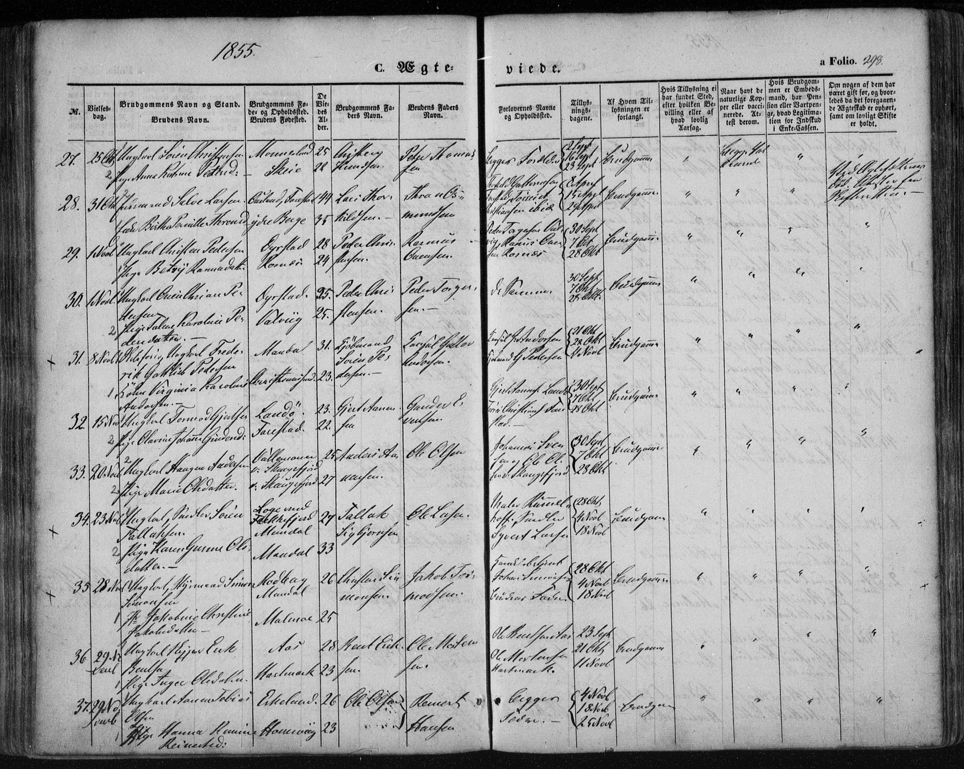 Mandal sokneprestkontor, AV/SAK-1111-0030/F/Fa/Faa/L0013: Parish register (official) no. A 13, 1847-1859, p. 298