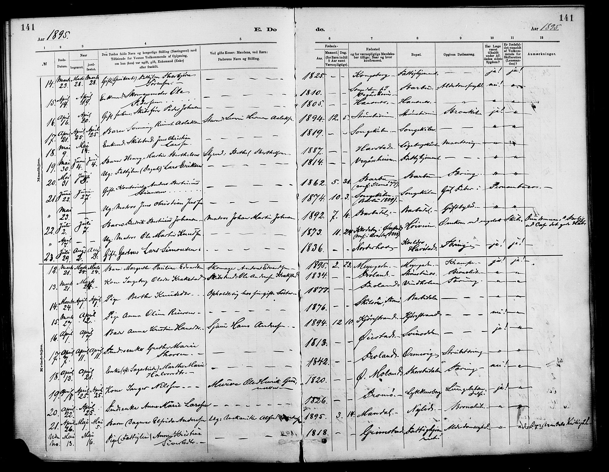 Barbu sokneprestkontor, AV/SAK-1111-0003/F/Fa/L0003: Parish register (official) no. A 3, 1883-1898, p. 141