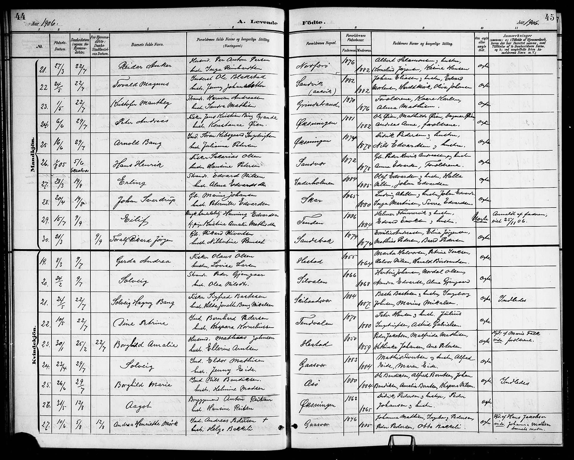 Ministerialprotokoller, klokkerbøker og fødselsregistre - Nordland, SAT/A-1459/834/L0516: Parish register (copy) no. 834C06, 1902-1918, p. 44-45