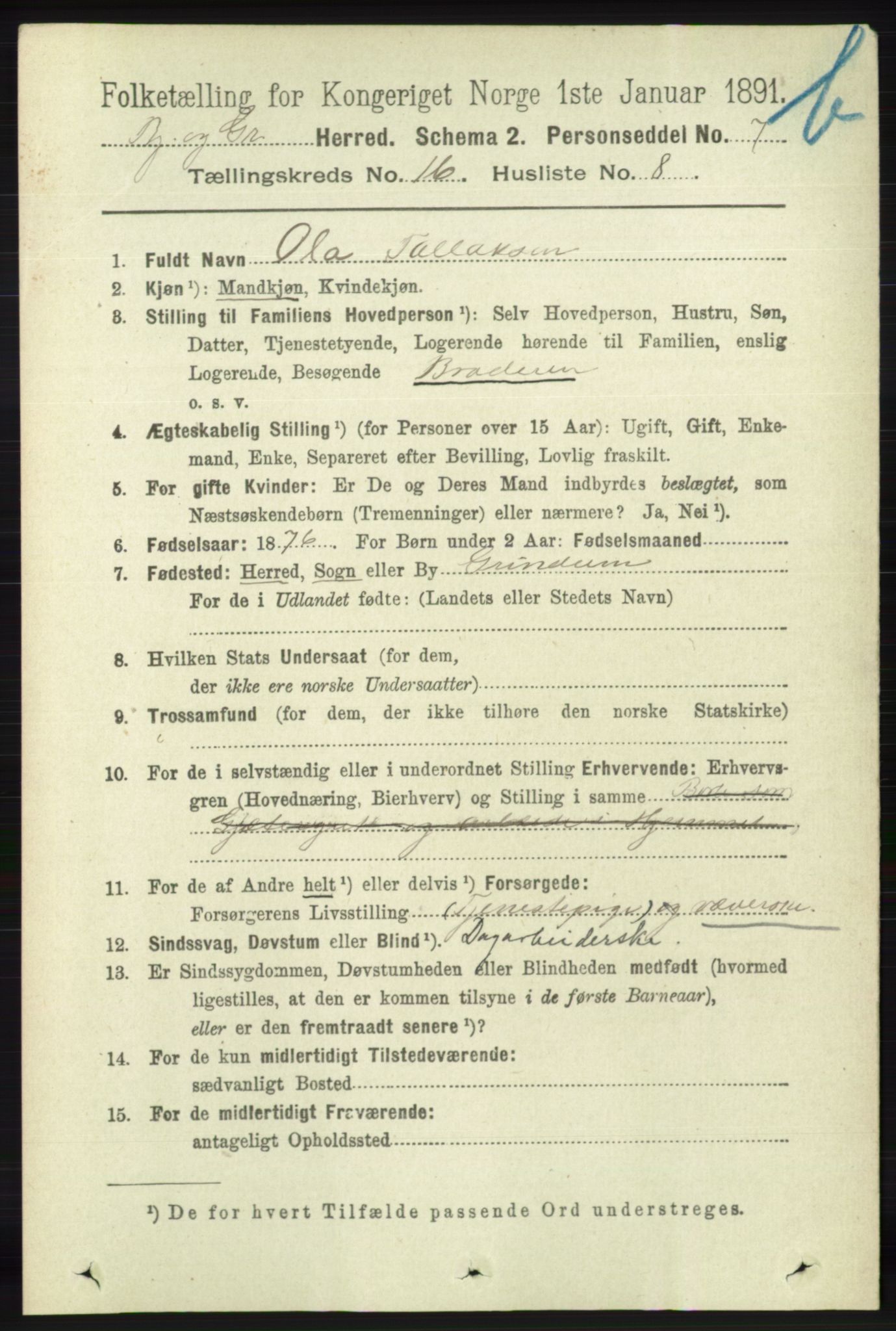 RA, 1891 census for 1024 Bjelland og Grindheim, 1891, p. 813