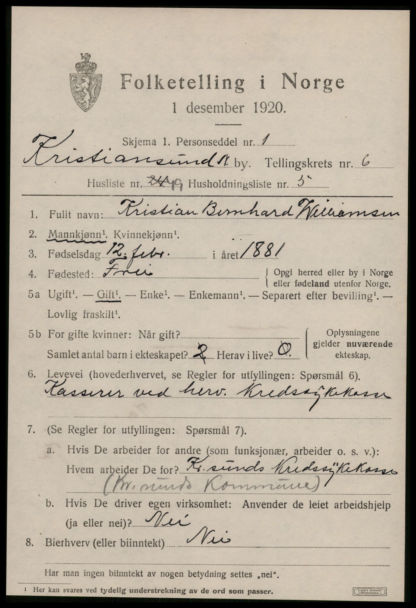 SAT, 1920 census for Kristiansund, 1920, p. 18045