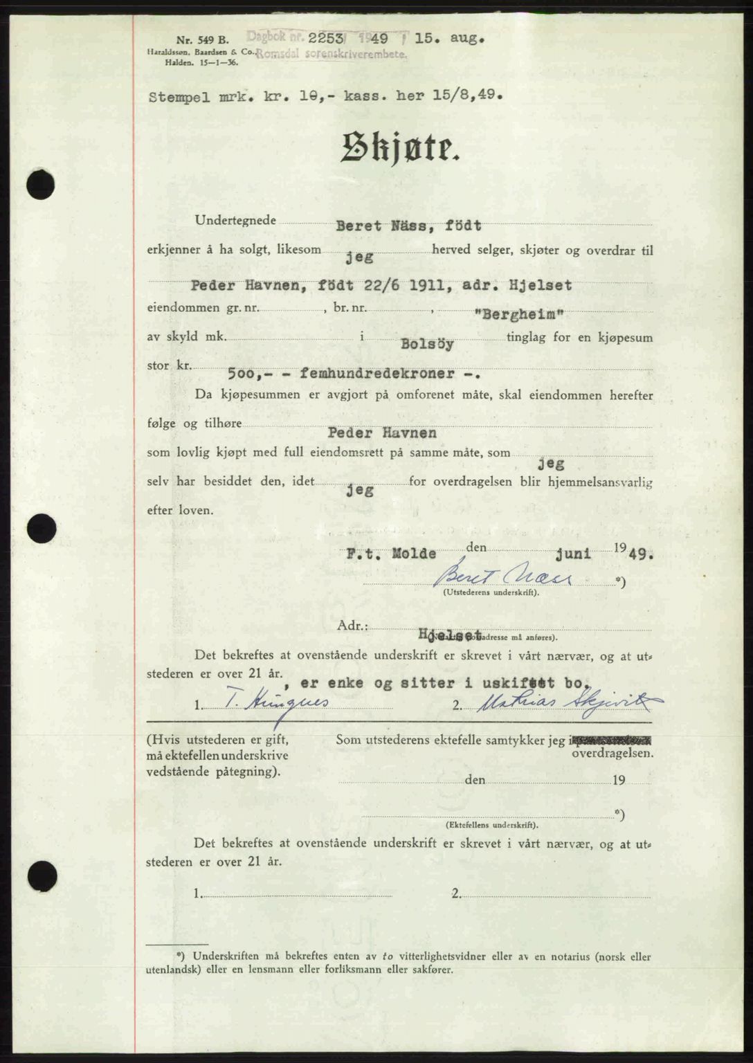 Romsdal sorenskriveri, AV/SAT-A-4149/1/2/2C: Mortgage book no. A30, 1949-1949, Diary no: : 2253/1949