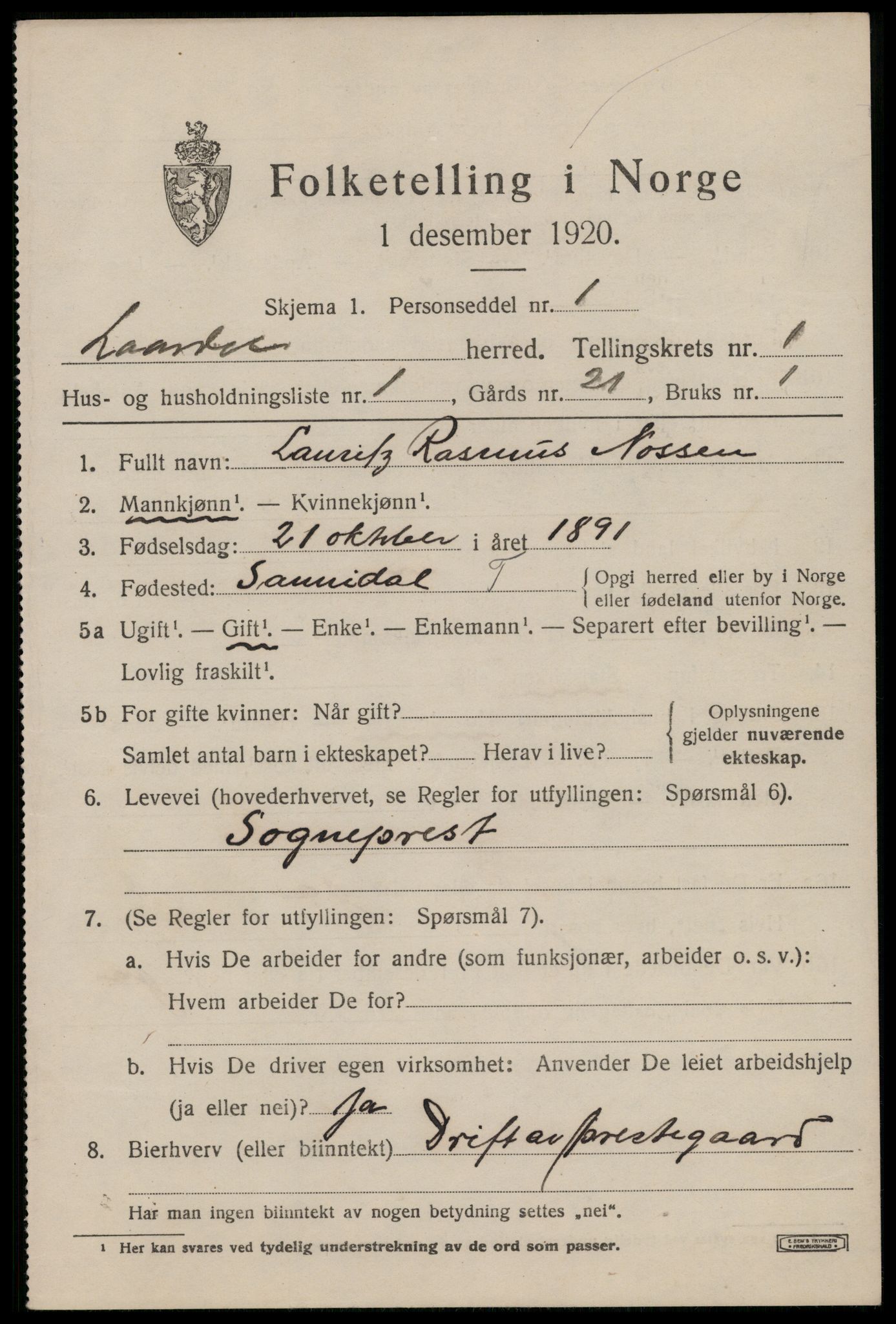 SAKO, 1920 census for Lårdal, 1920, p. 615