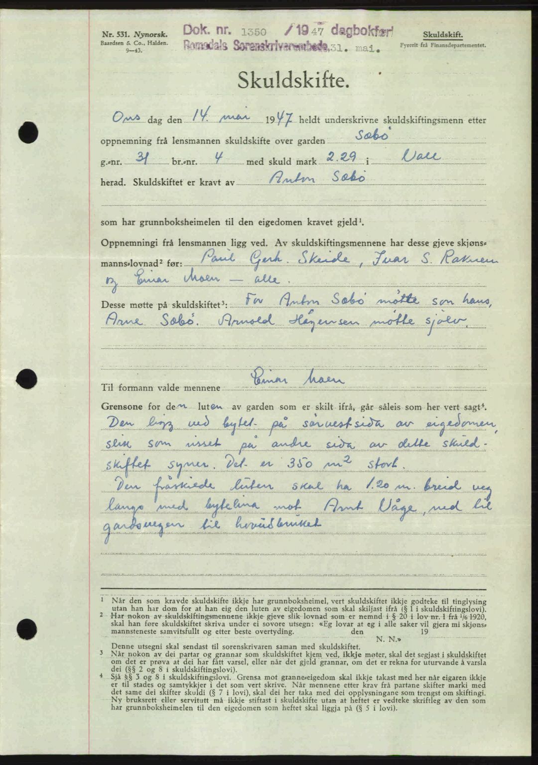 Romsdal sorenskriveri, AV/SAT-A-4149/1/2/2C: Mortgage book no. A23, 1947-1947, Diary no: : 1350/1947