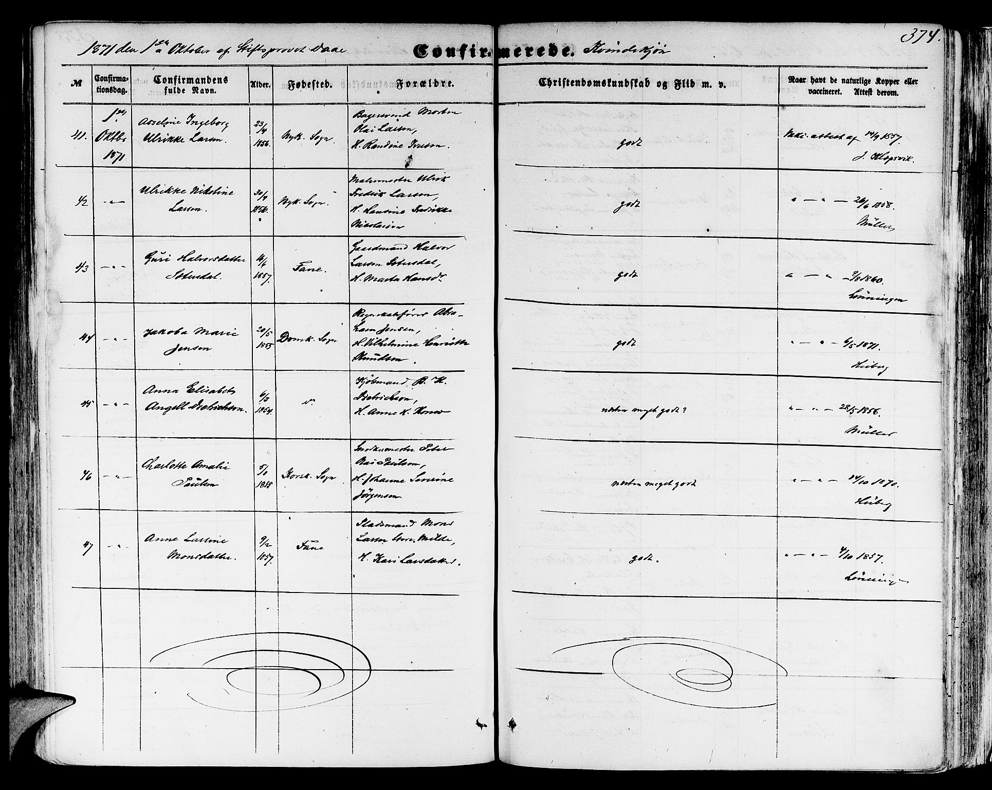 Domkirken sokneprestembete, AV/SAB-A-74801/H/Hab/L0023: Parish register (copy) no. C 3, 1854-1880, p. 374