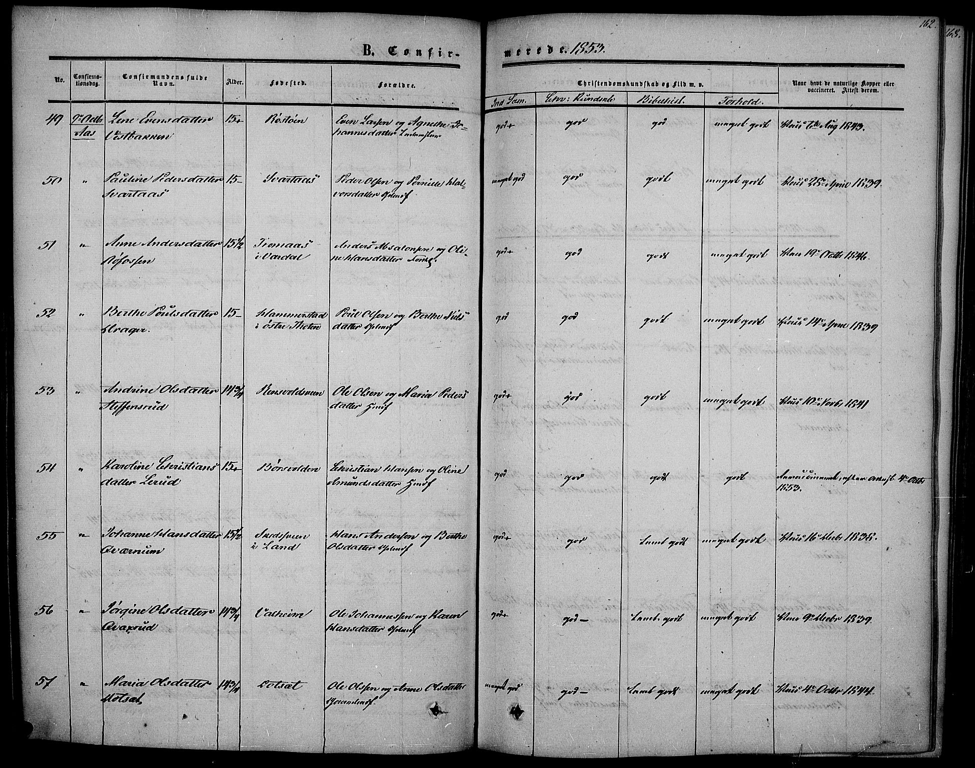 Vestre Toten prestekontor, SAH/PREST-108/H/Ha/Haa/L0005: Parish register (official) no. 5, 1850-1855, p. 162