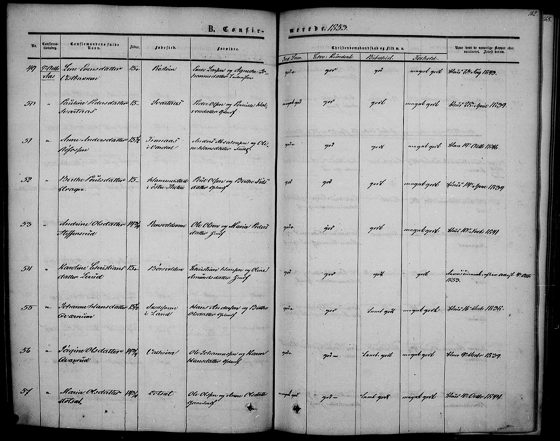 Vestre Toten prestekontor, AV/SAH-PREST-108/H/Ha/Haa/L0005: Parish register (official) no. 5, 1850-1855, p. 162