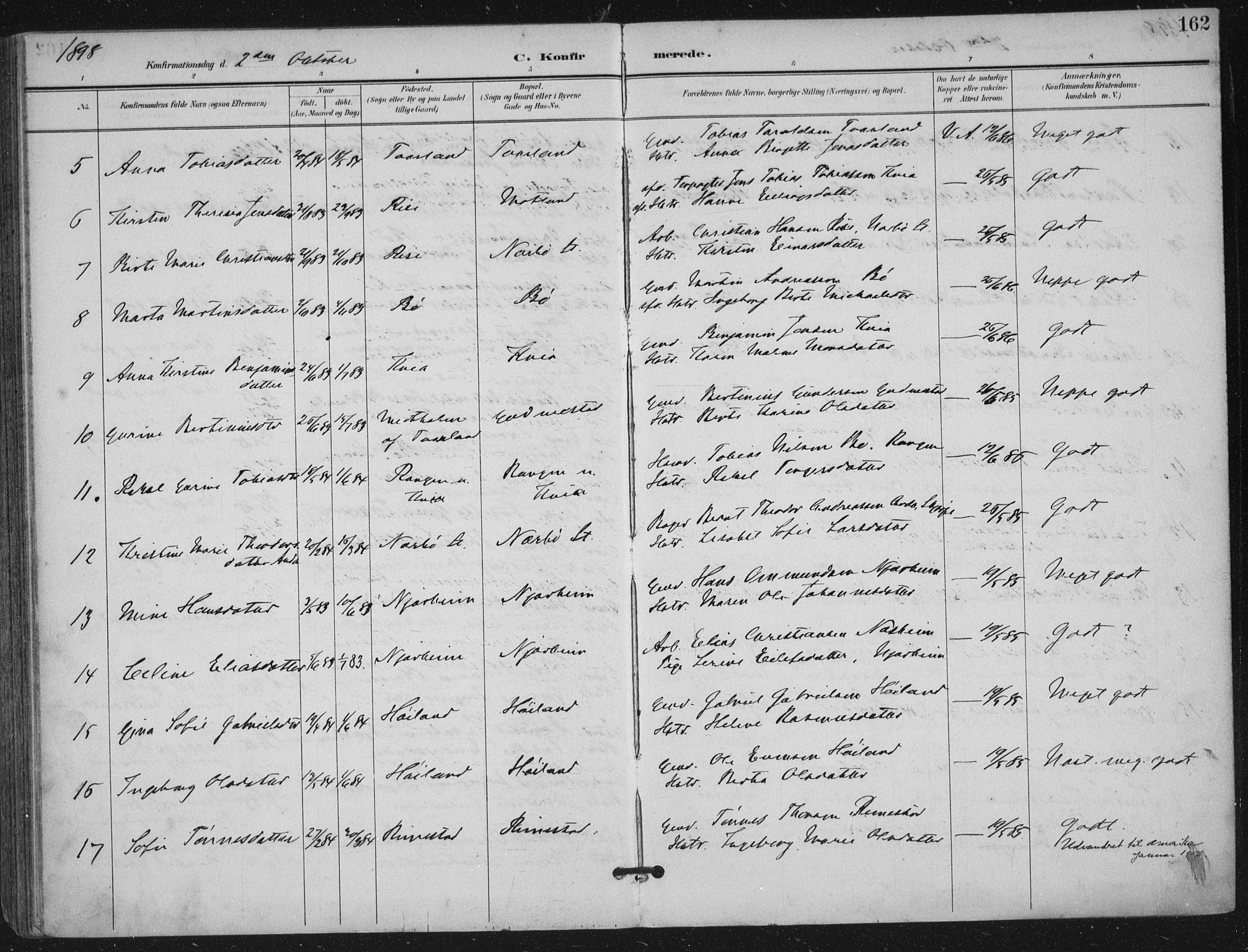 Hå sokneprestkontor, SAST/A-101801/002/B/L0001: Parish register (official) no. A 11, 1897-1924, p. 162