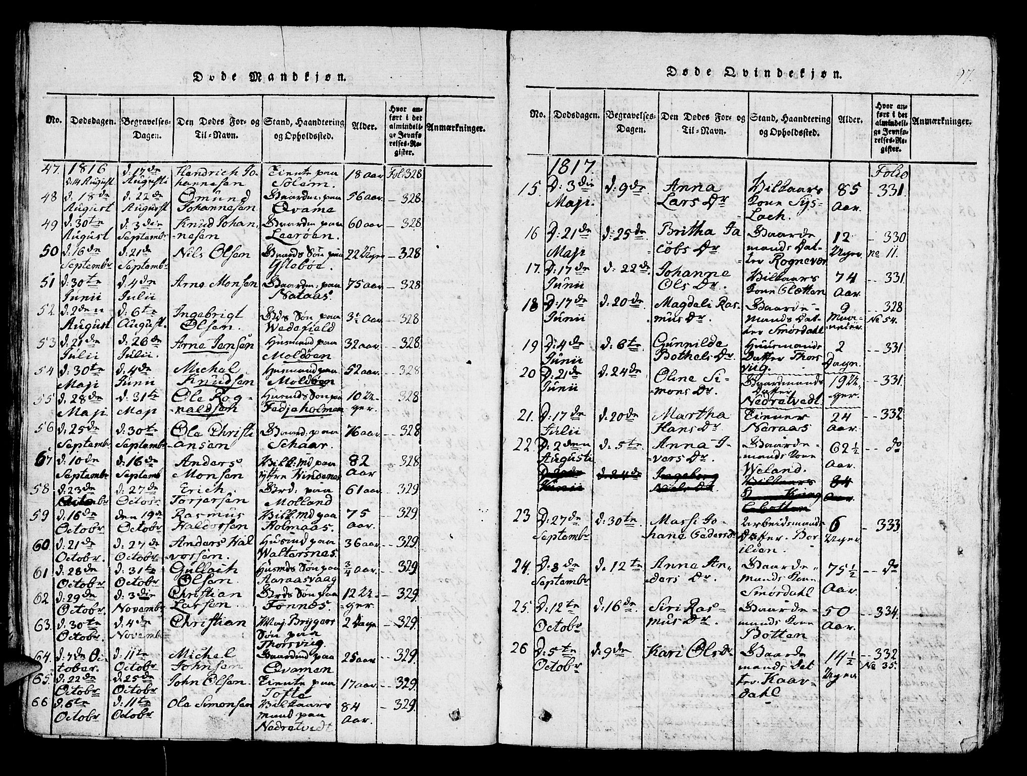 Lindås Sokneprestembete, AV/SAB-A-76701/H/Haa/Haaa/L0007: Parish register (official) no. A 7, 1816-1823, p. 97