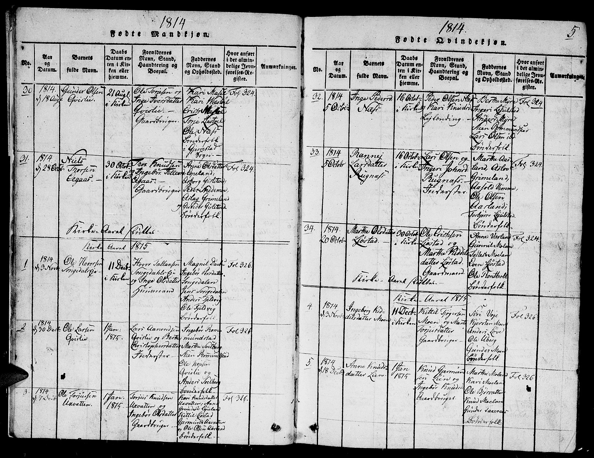 Gjerstad sokneprestkontor, AV/SAK-1111-0014/F/Fb/Fbb/L0001: Parish register (copy) no. B 1, 1813-1863, p. 5