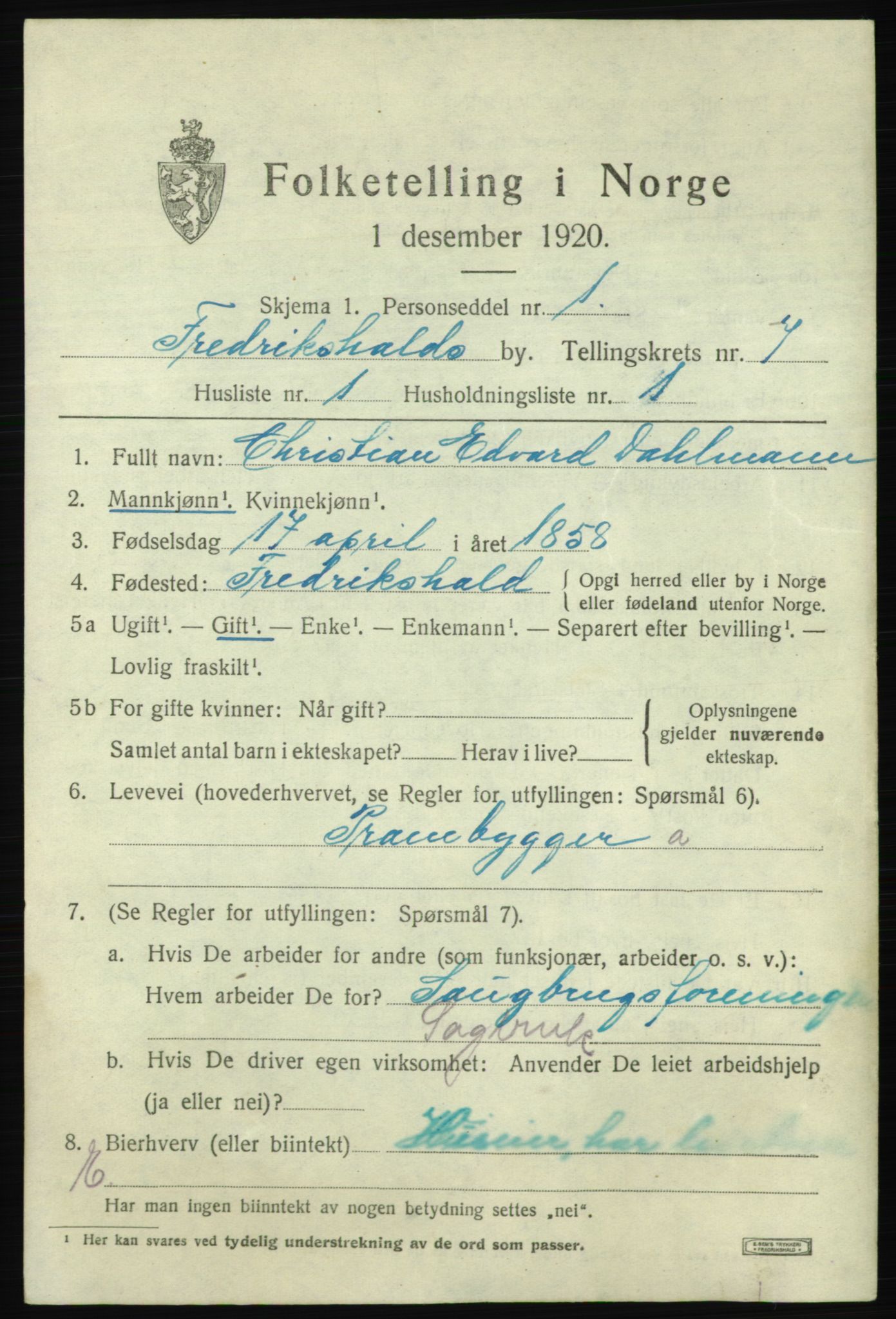 SAO, 1920 census for Fredrikshald, 1920, p. 13785