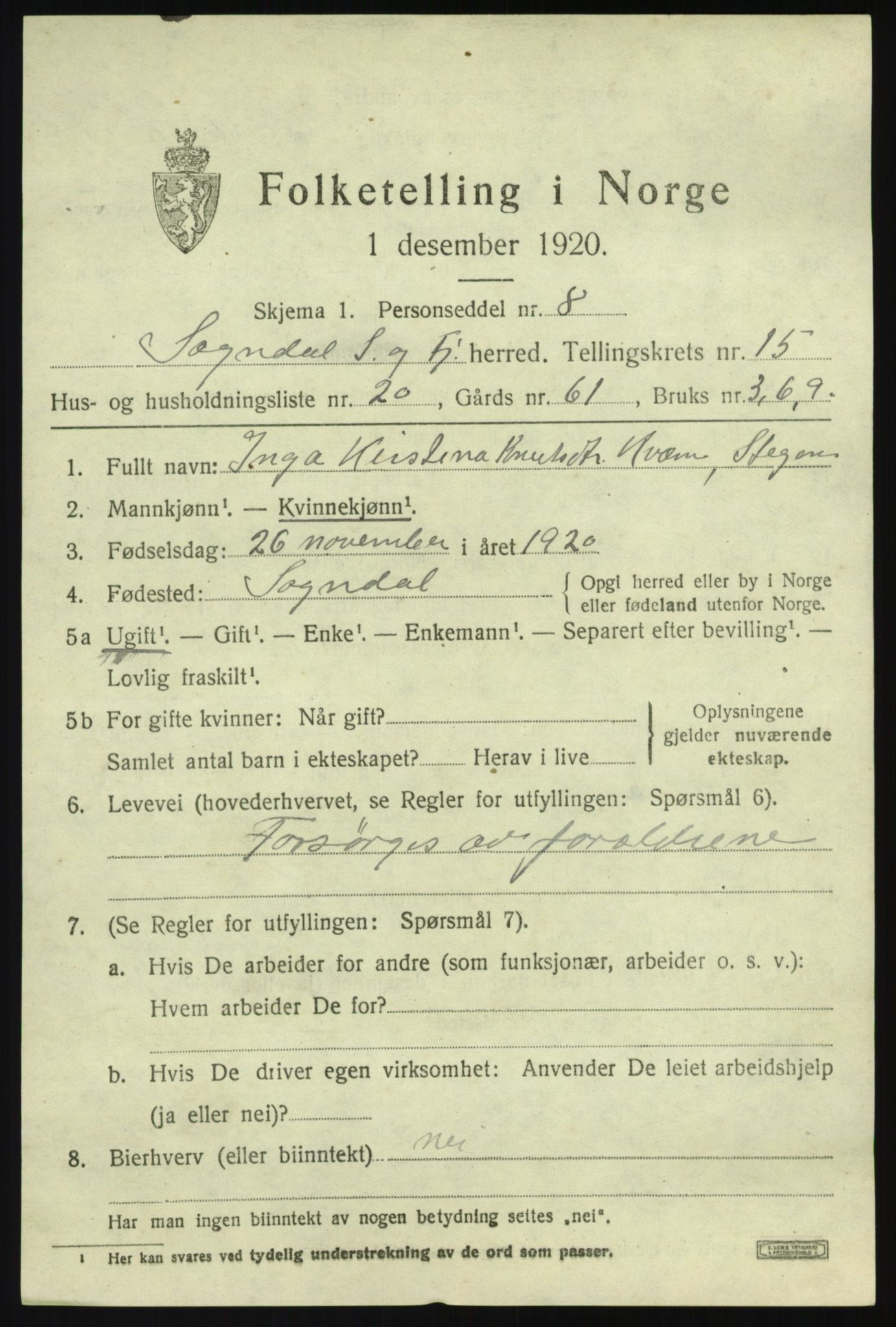 SAB, 1920 census for Sogndal, 1920, p. 6061