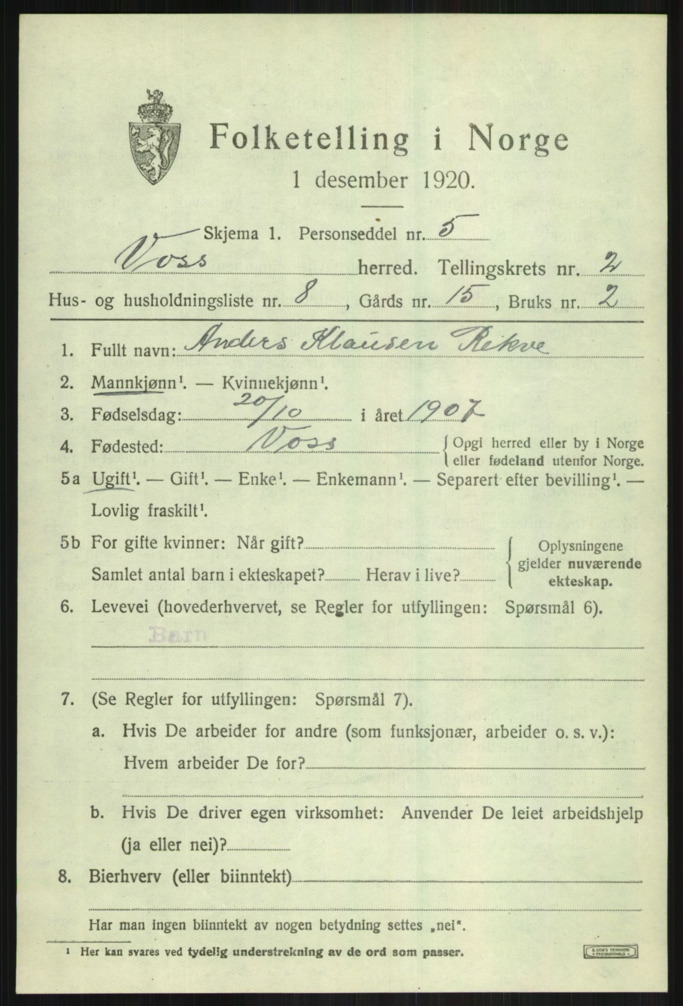 SAB, 1920 census for Voss, 1920, p. 3553