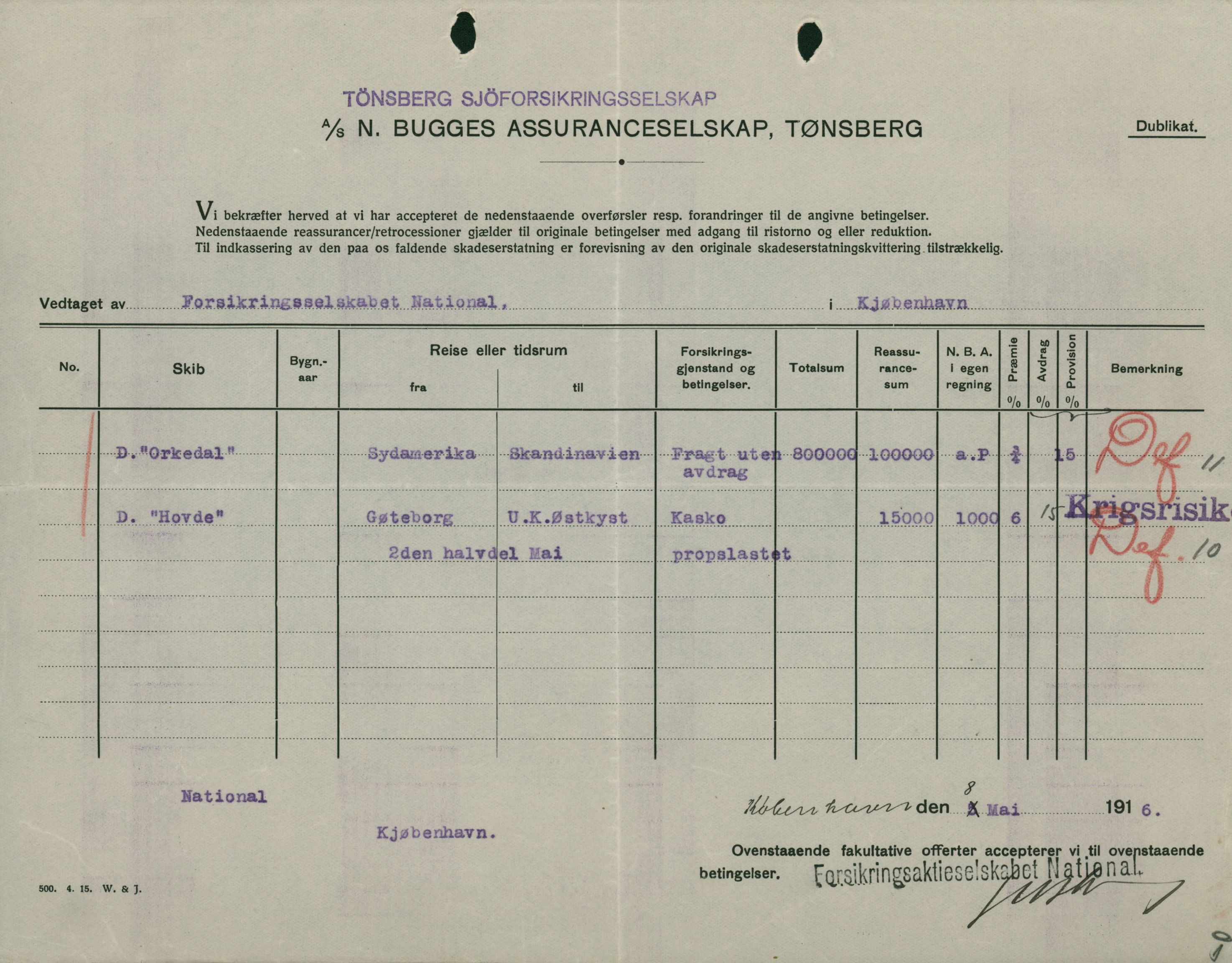 Pa 664 - Tønsberg Sjøforsikringsselskap, VEMU/A-1773/F/L0001: Forsikringspoliser, 1915-1918