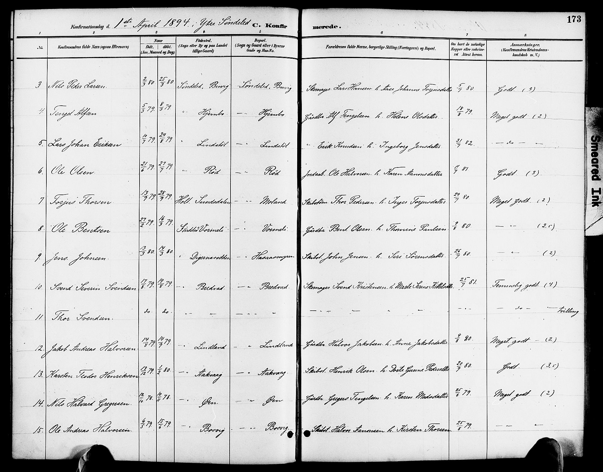 Søndeled sokneprestkontor, AV/SAK-1111-0038/F/Fa/L0005: Parish register (official) no. A 5, 1889-1899, p. 173