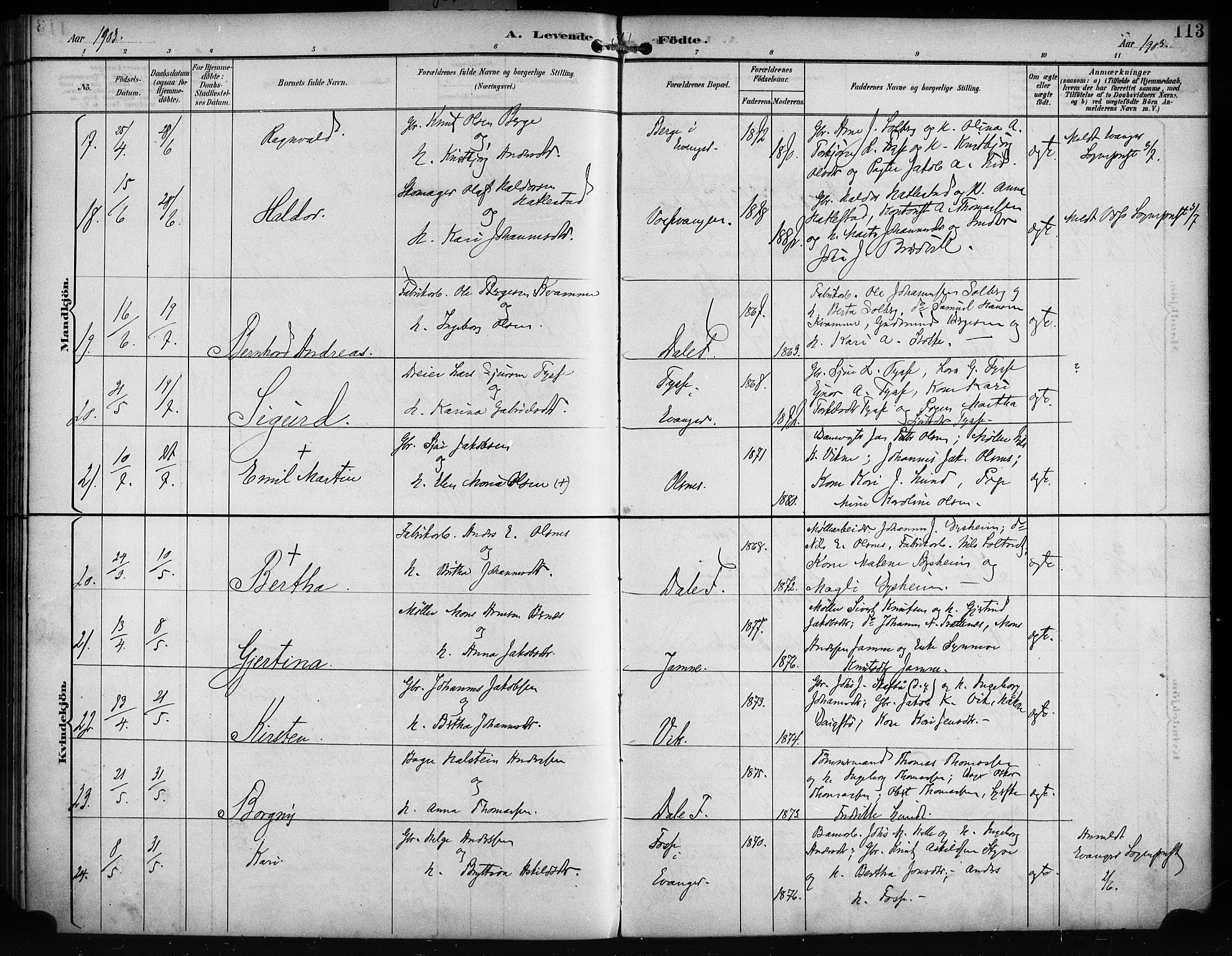 Bruvik Sokneprestembete, AV/SAB-A-74701/H/Haa: Parish register (official) no. B 2, 1893-1903, p. 113