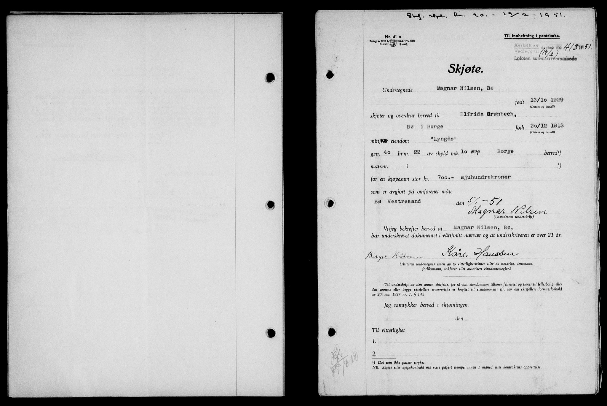 Lofoten sorenskriveri, SAT/A-0017/1/2/2C/L0025a: Mortgage book no. 25a, 1950-1951, Diary no: : 413/1951