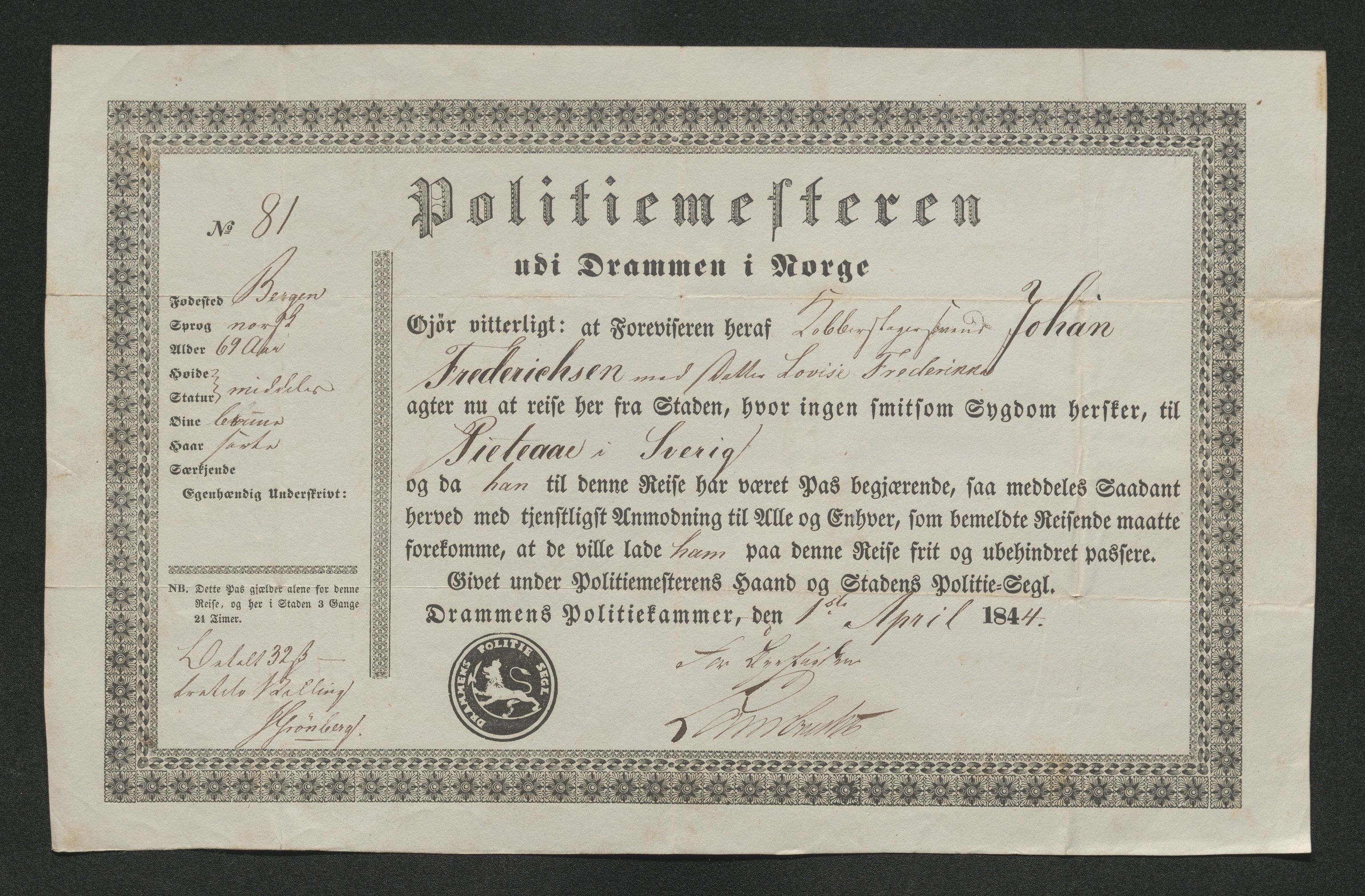 Drammen politikammer, SAKO/A-623/I/Ia/Iab/L0007: Innleverte pass, 1843-1844, p. 583