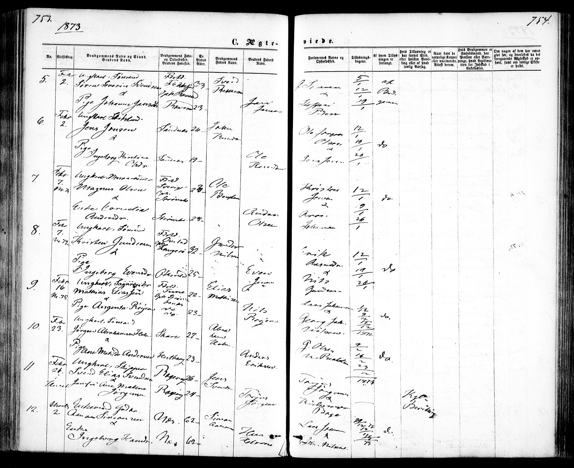 Tromøy sokneprestkontor, SAK/1111-0041/F/Fa/L0008: Parish register (official) no. A 8, 1870-1877, p. 753-754
