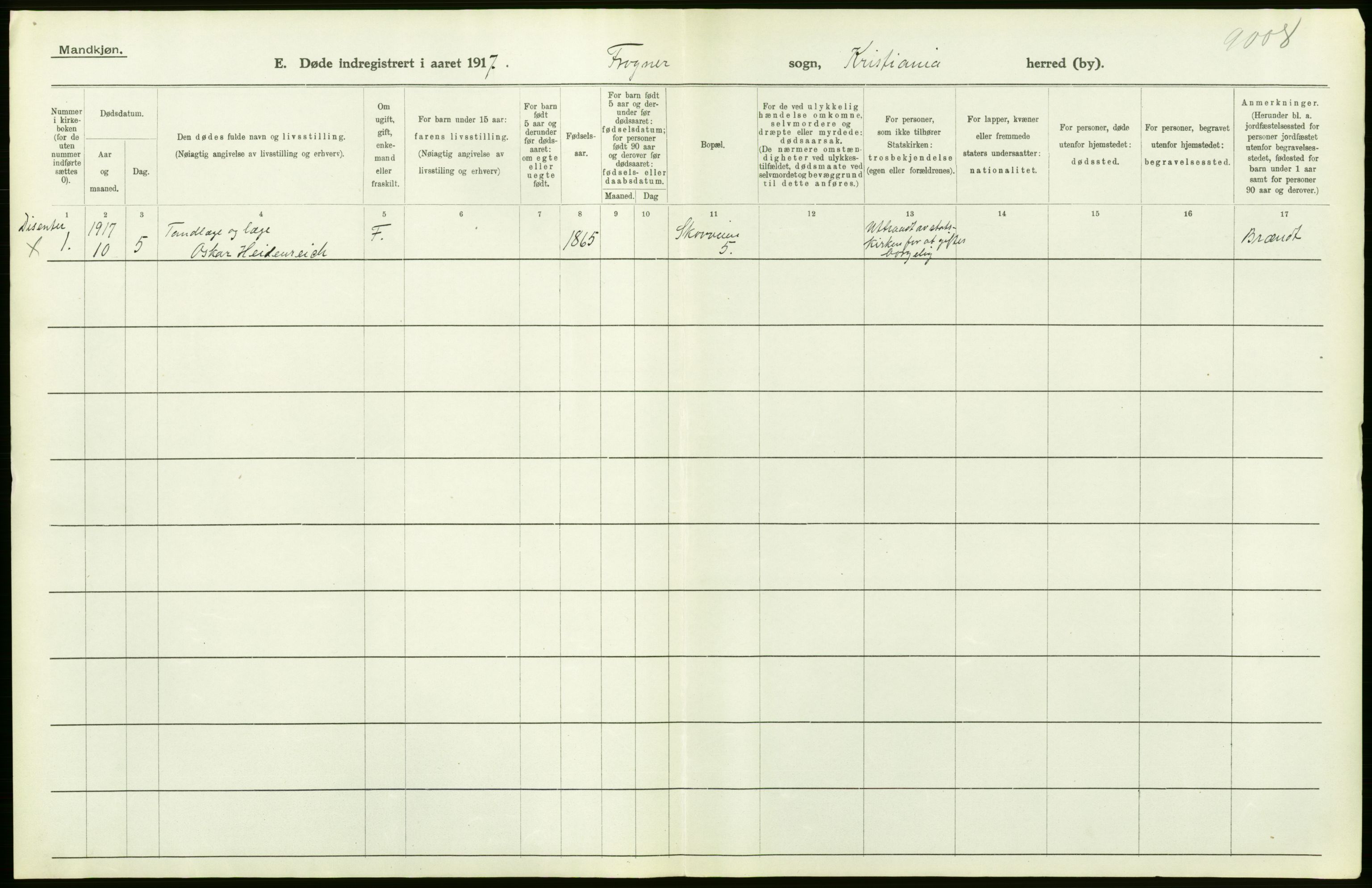 Statistisk sentralbyrå, Sosiodemografiske emner, Befolkning, AV/RA-S-2228/D/Df/Dfb/Dfbg/L0010: Kristiania: Døde, 1917, p. 486