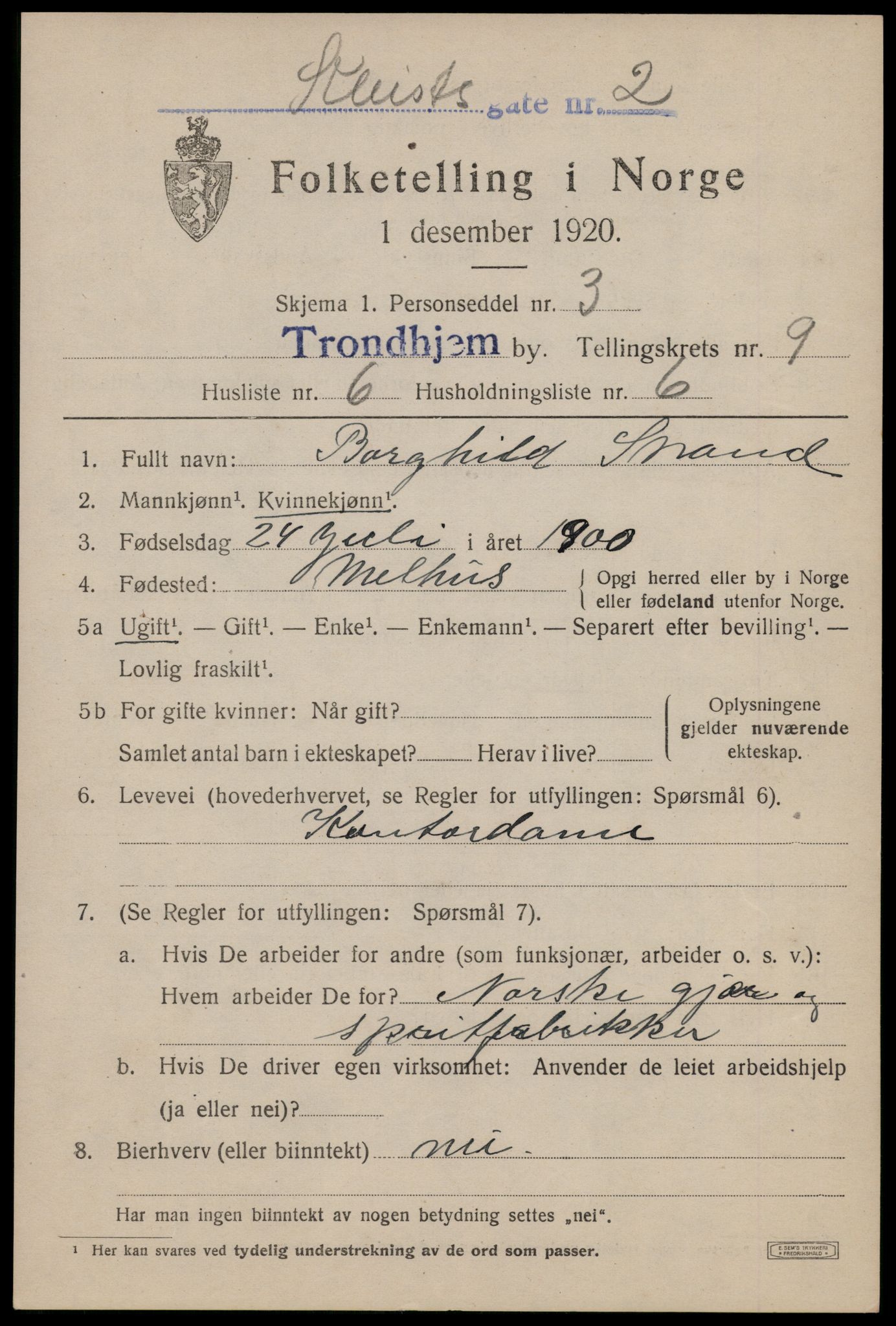 SAT, 1920 census for Trondheim, 1920, p. 43884
