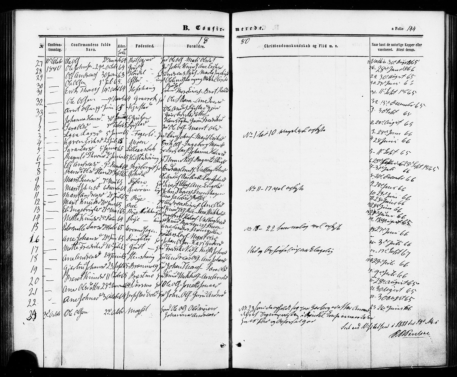 Ministerialprotokoller, klokkerbøker og fødselsregistre - Sør-Trøndelag, SAT/A-1456/672/L0856: Parish register (official) no. 672A08, 1861-1881, p. 144