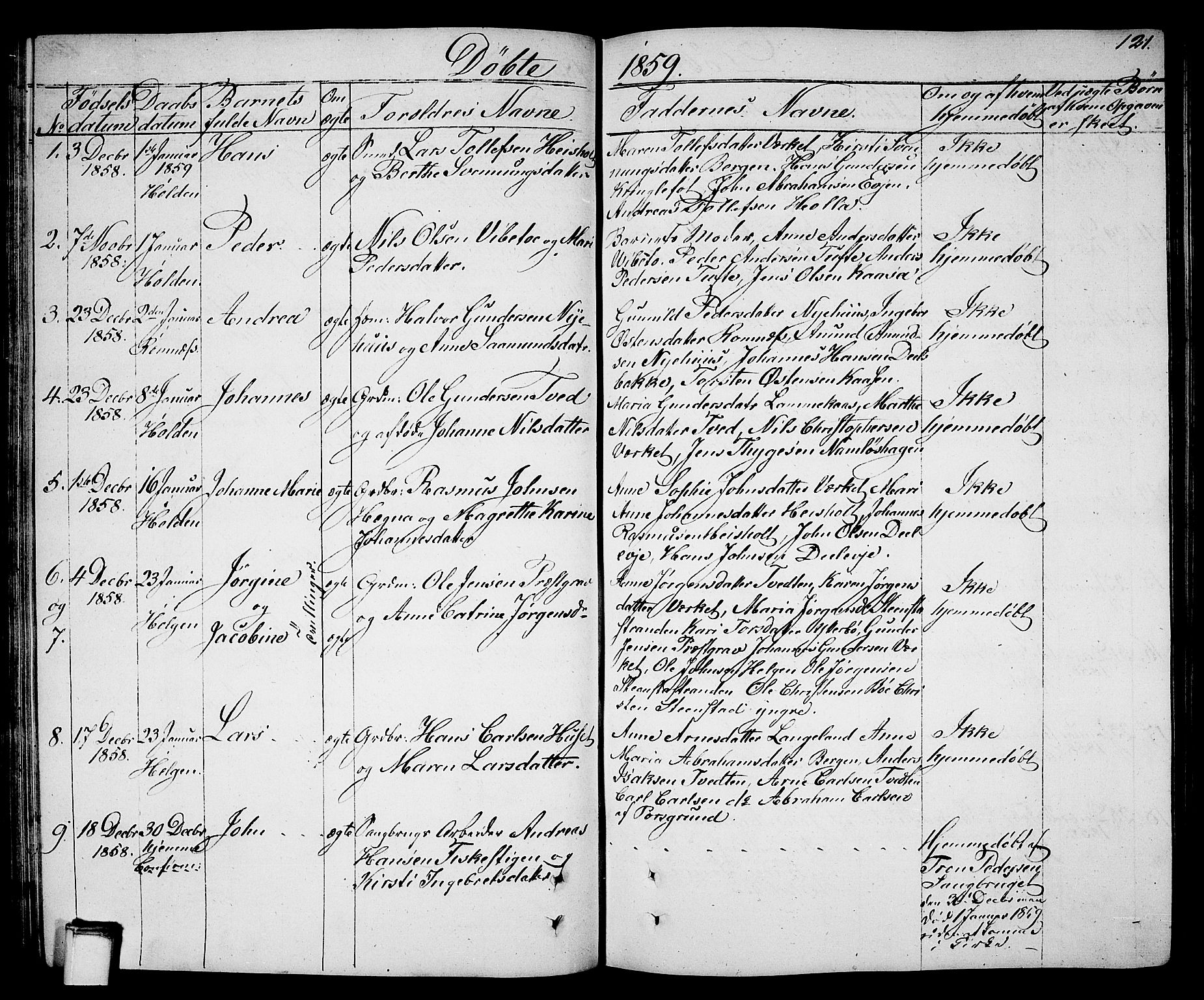 Holla kirkebøker, SAKO/A-272/G/Ga/L0003: Parish register (copy) no. I 3, 1849-1866, p. 121